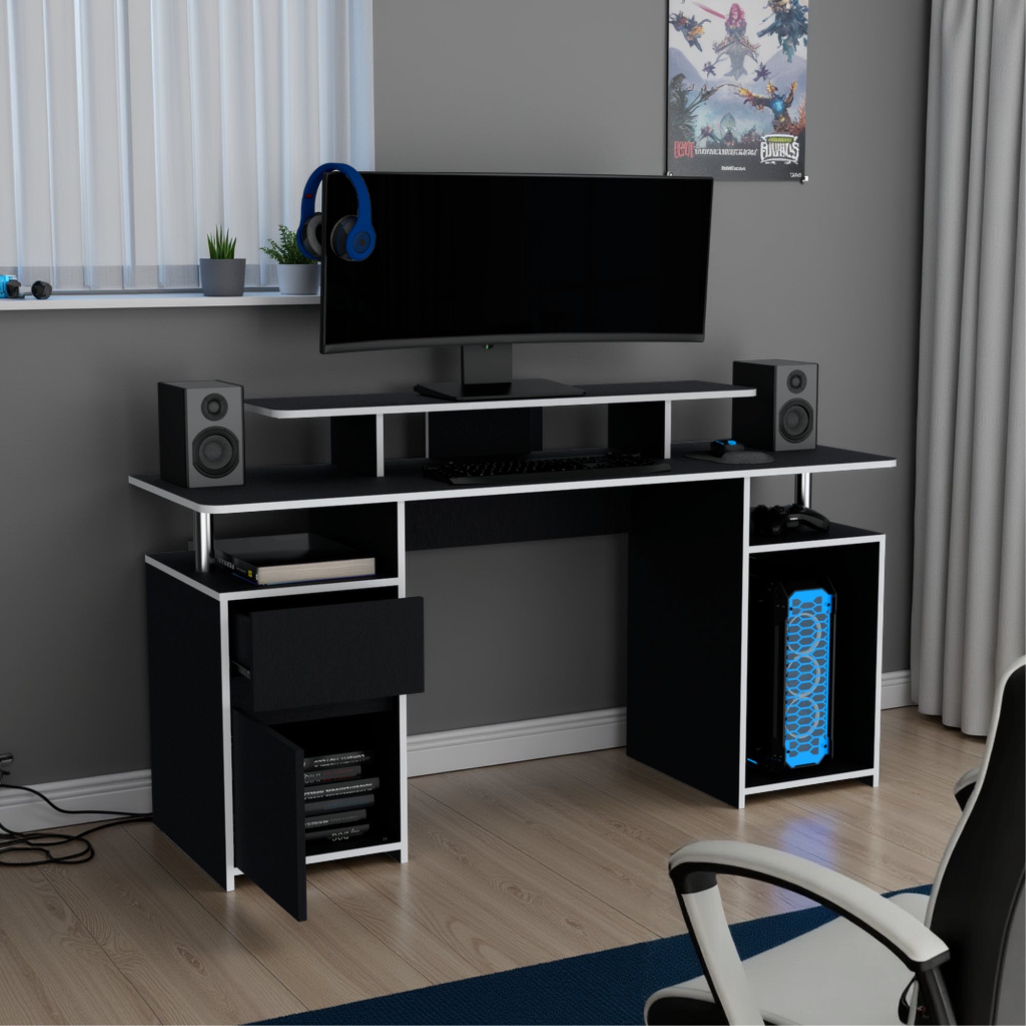 ESCRITORIO GAMER KERIA 1 PUERTA 1 CAJON WENGUE Y BLANCO - 5