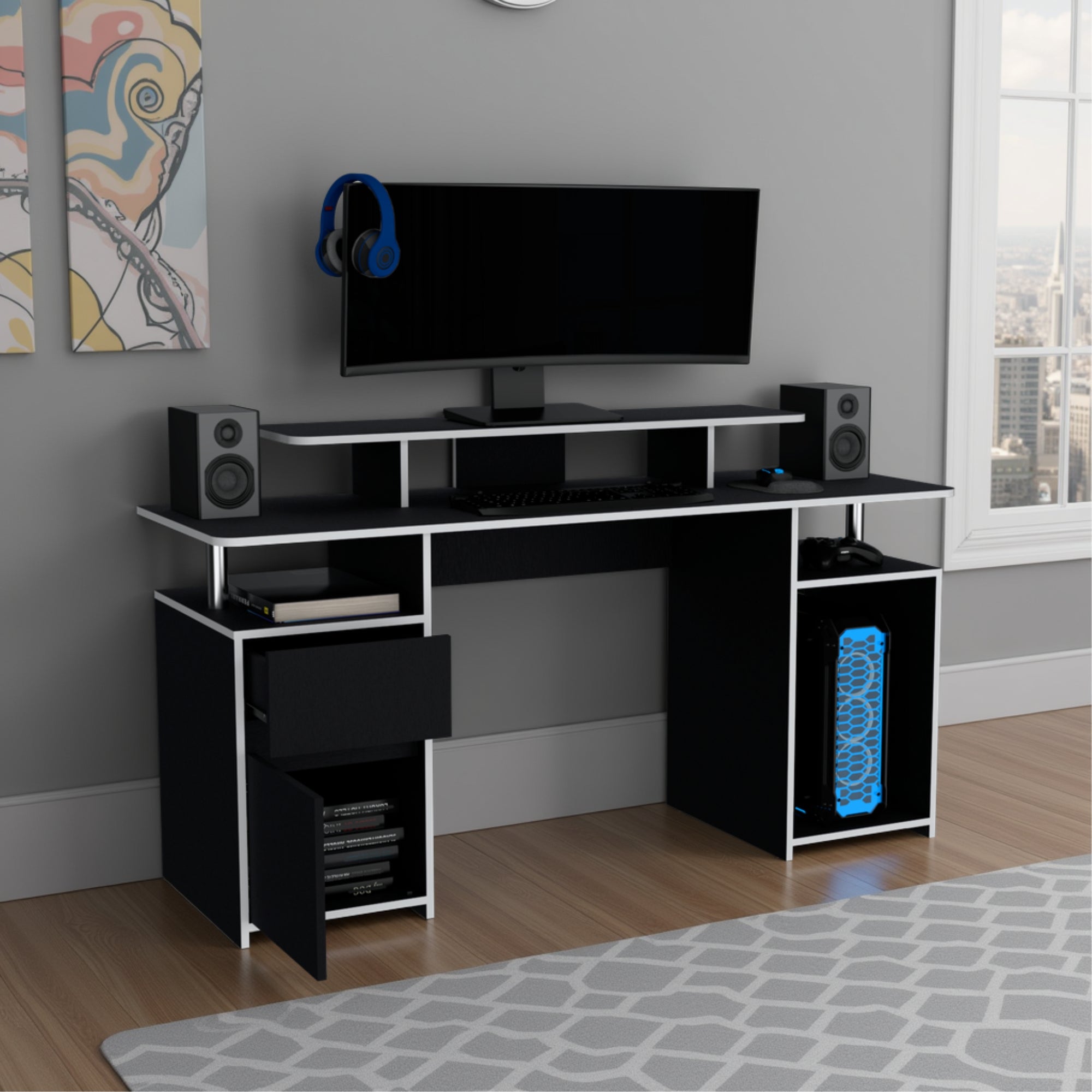 ESCRITORIO GAMER KERIA 1 PUERTA 1 CAJON WENGUE Y BLANCO - 6