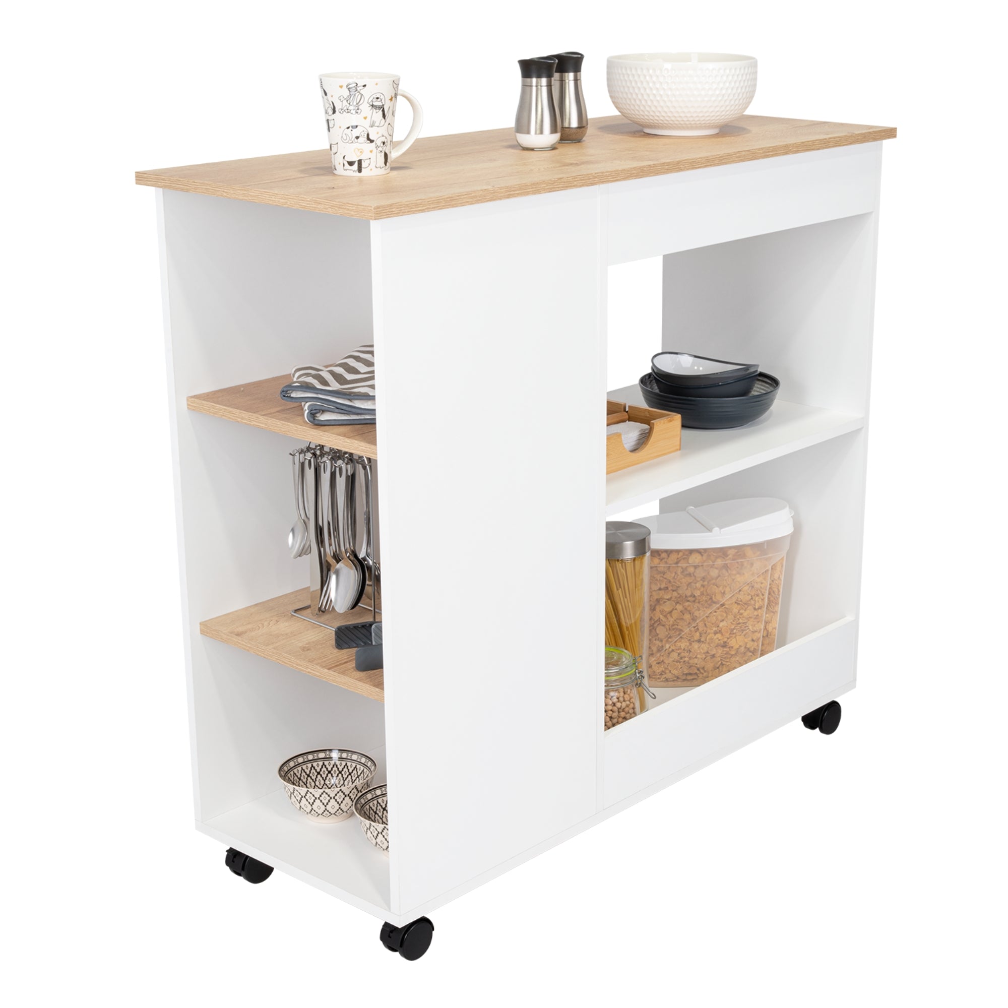 ISLA DE COCINA BI-COLOR CON RUEDAS 89,6X100X40 CM BLANCO Y DUNA - 1