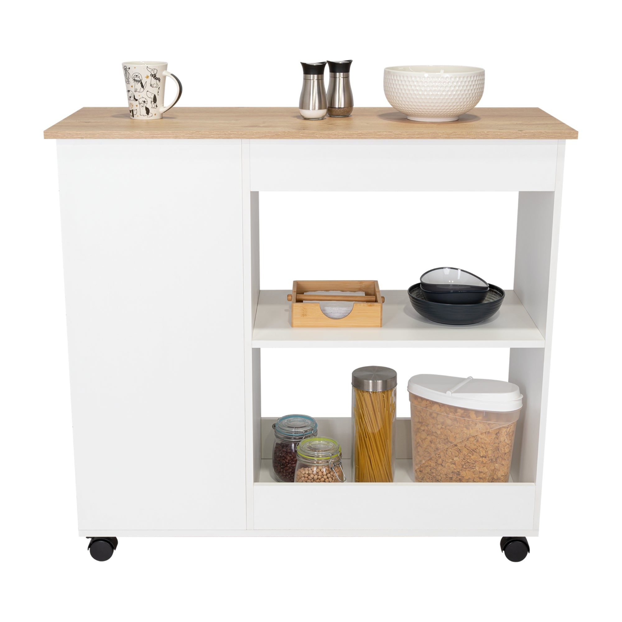 ISLA DE COCINA BI-COLOR CON RUEDAS 89,6X100X40 CM BLANCO Y DUNA - 4