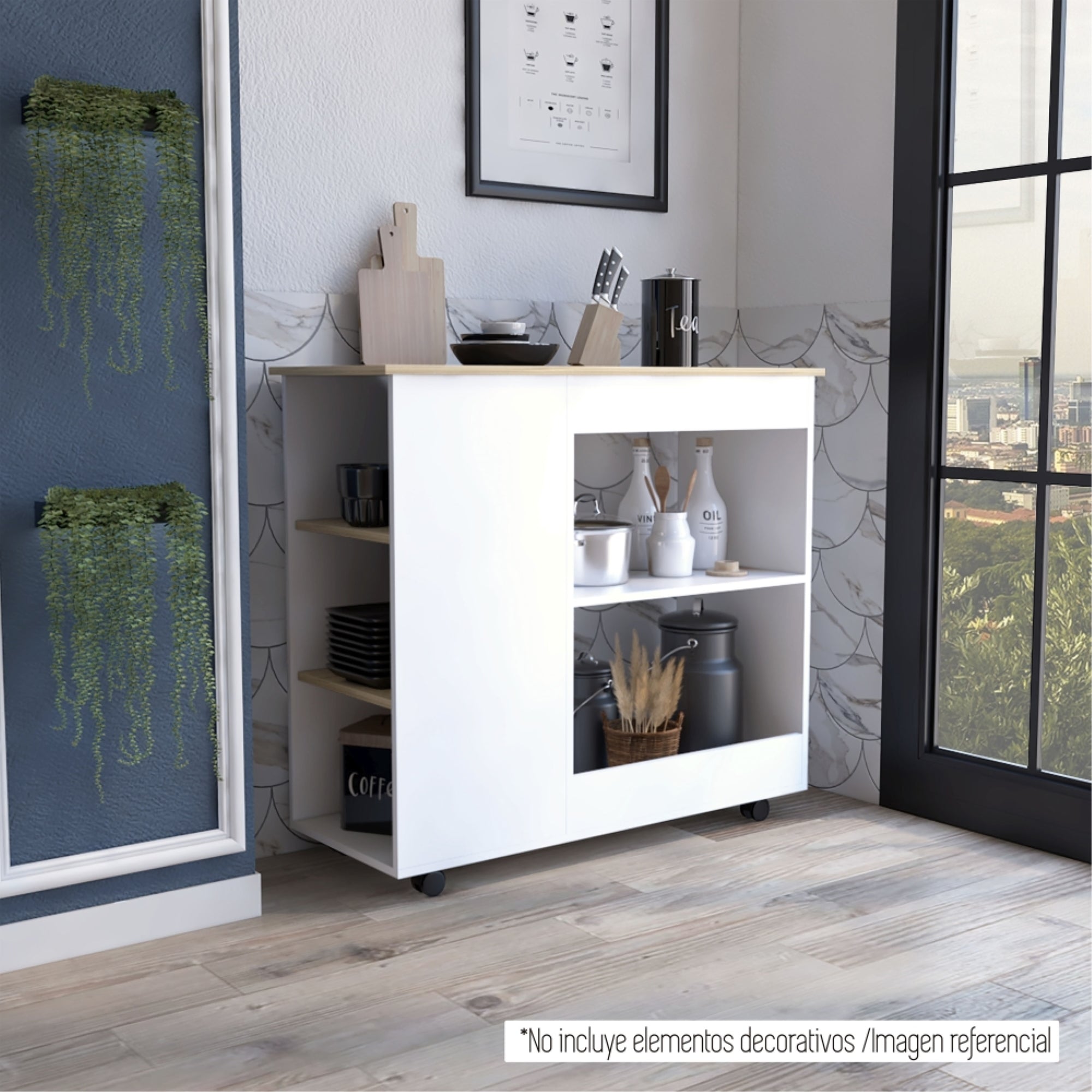 ISLA DE COCINA BI-COLOR CON RUEDAS 89,6X100X40 CM BLANCO Y DUNA - 11