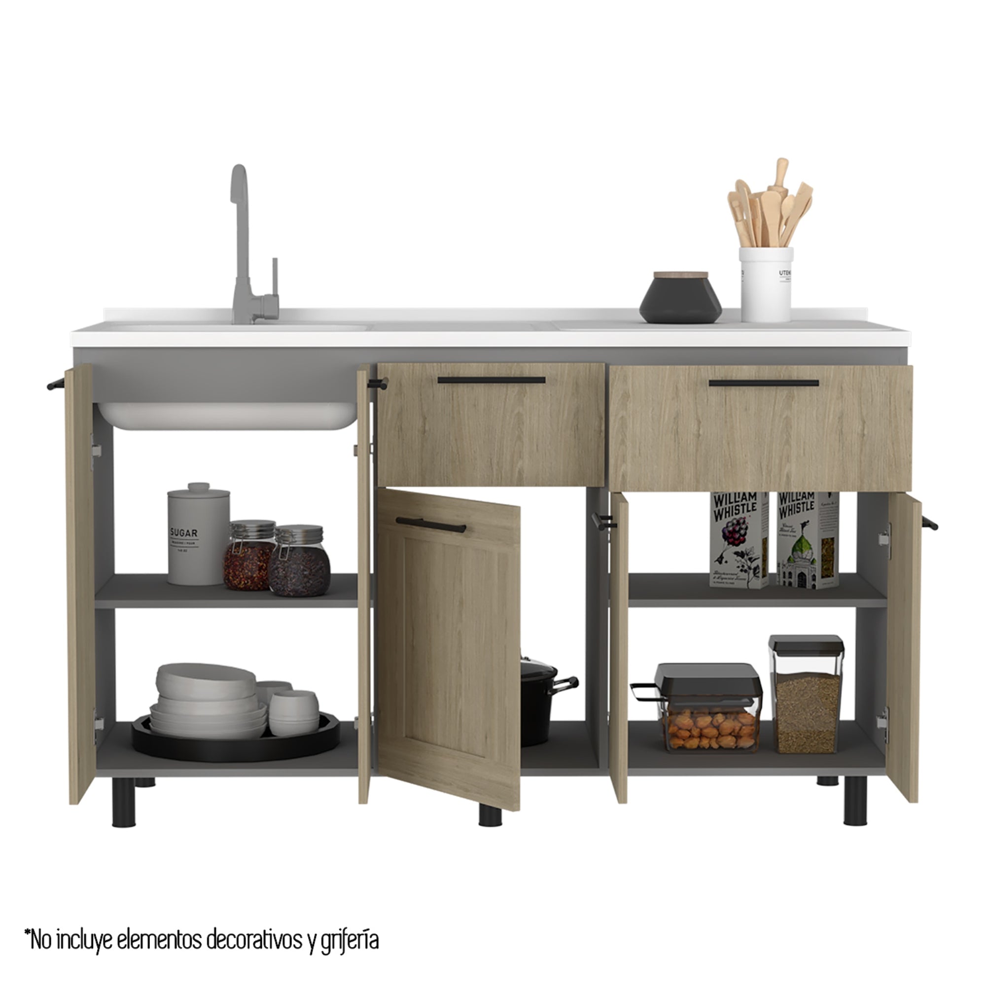 MUEBLE DE COCINA CON LAVAPLATOS DERECHO HASSELT GRIS Y ROVERE 150 CM - 3