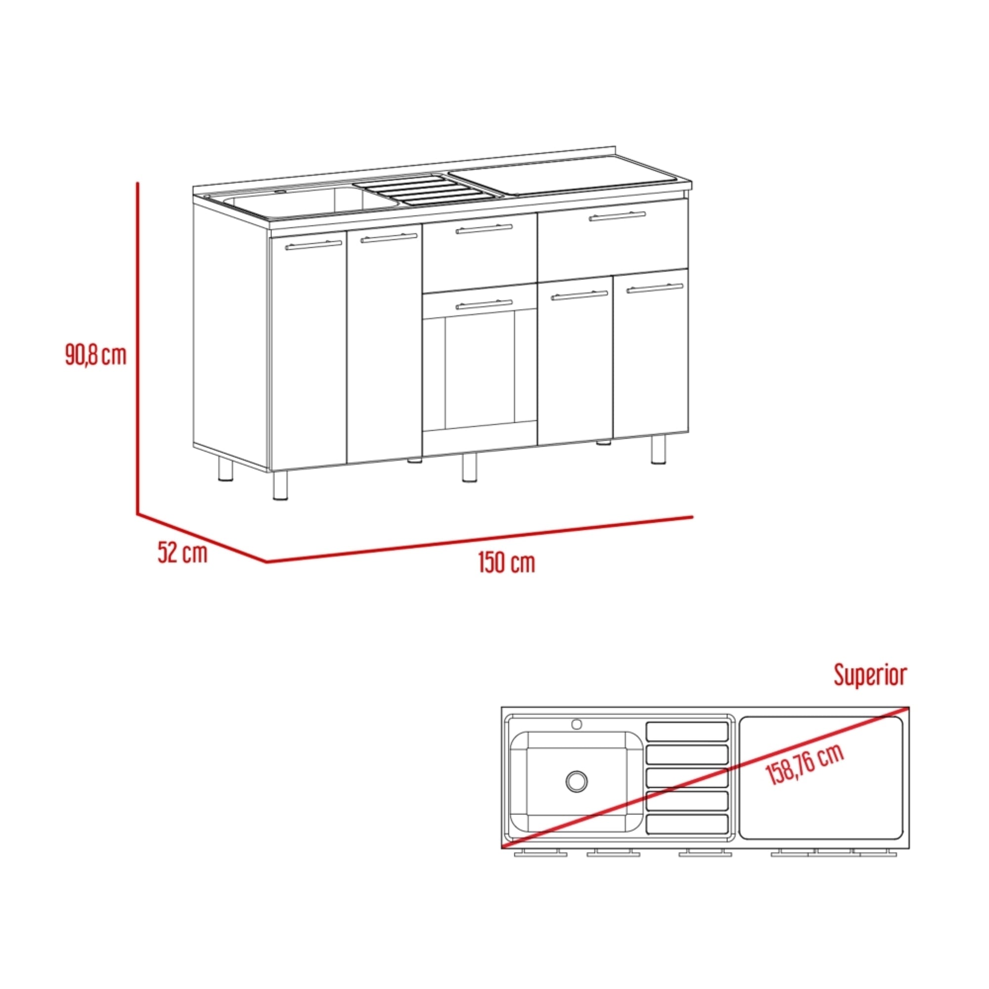 MUEBLE DE COCINA CON LAVAPLATOS DERECHO HASSELT GRIS Y ROVERE 150 CM - 10