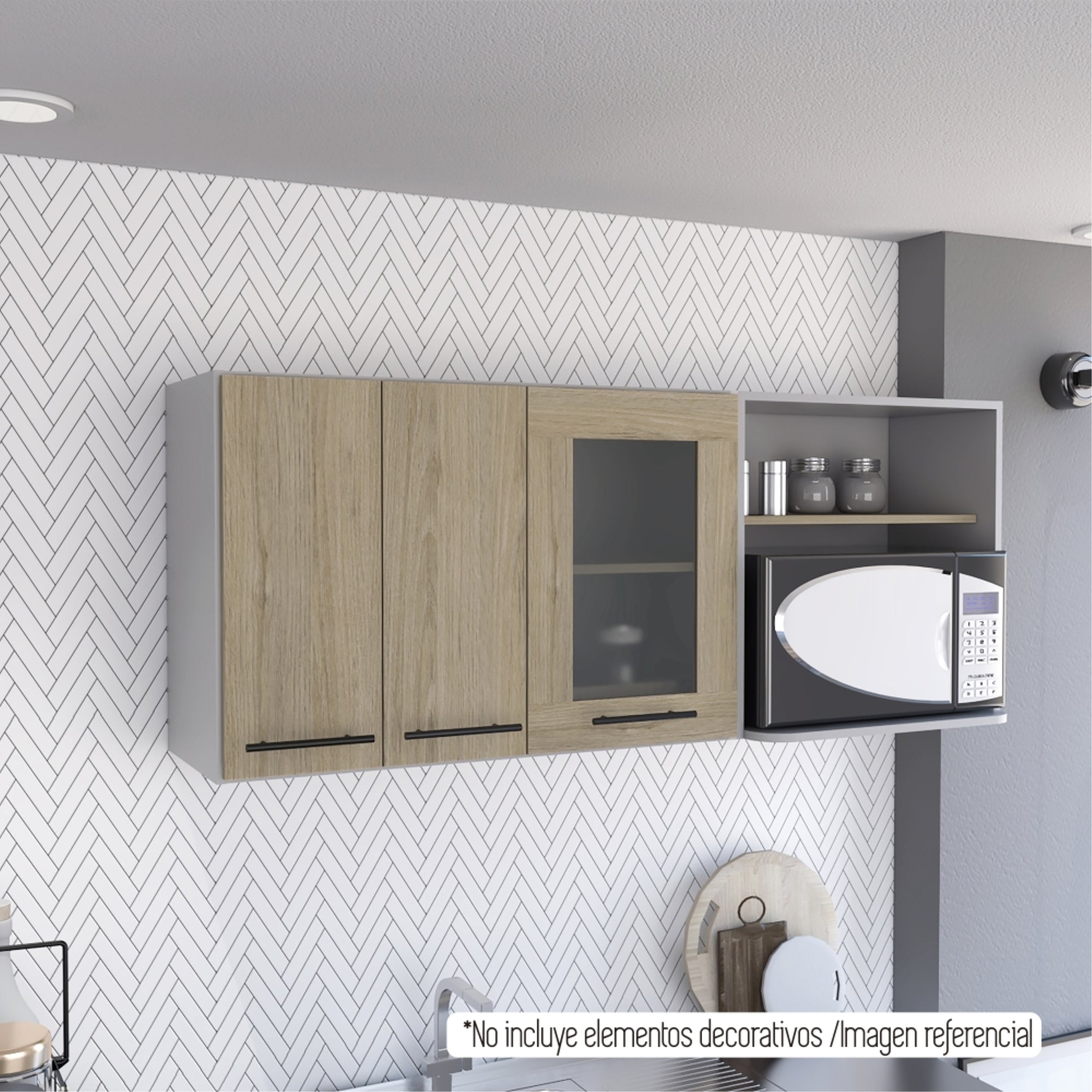 MUEBLE DE COCINA MURAL ESPACIO MICROONDAS 150 CM HASSELT GRIS Y ROVERE - 5