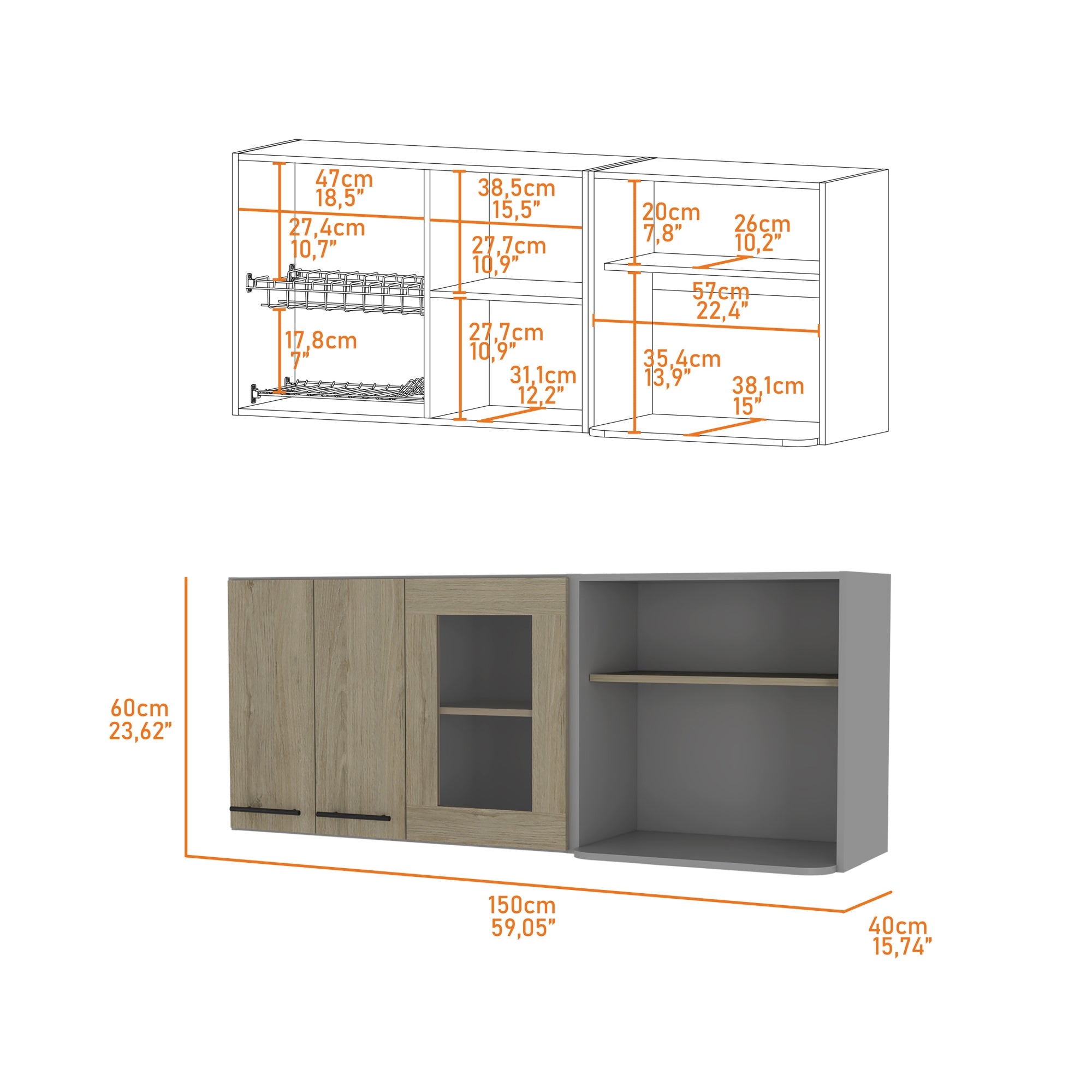 MUEBLE DE COCINA MURAL ESPACIO MICROONDAS 150 CM HASSELT GRIS Y ROVERE - 7