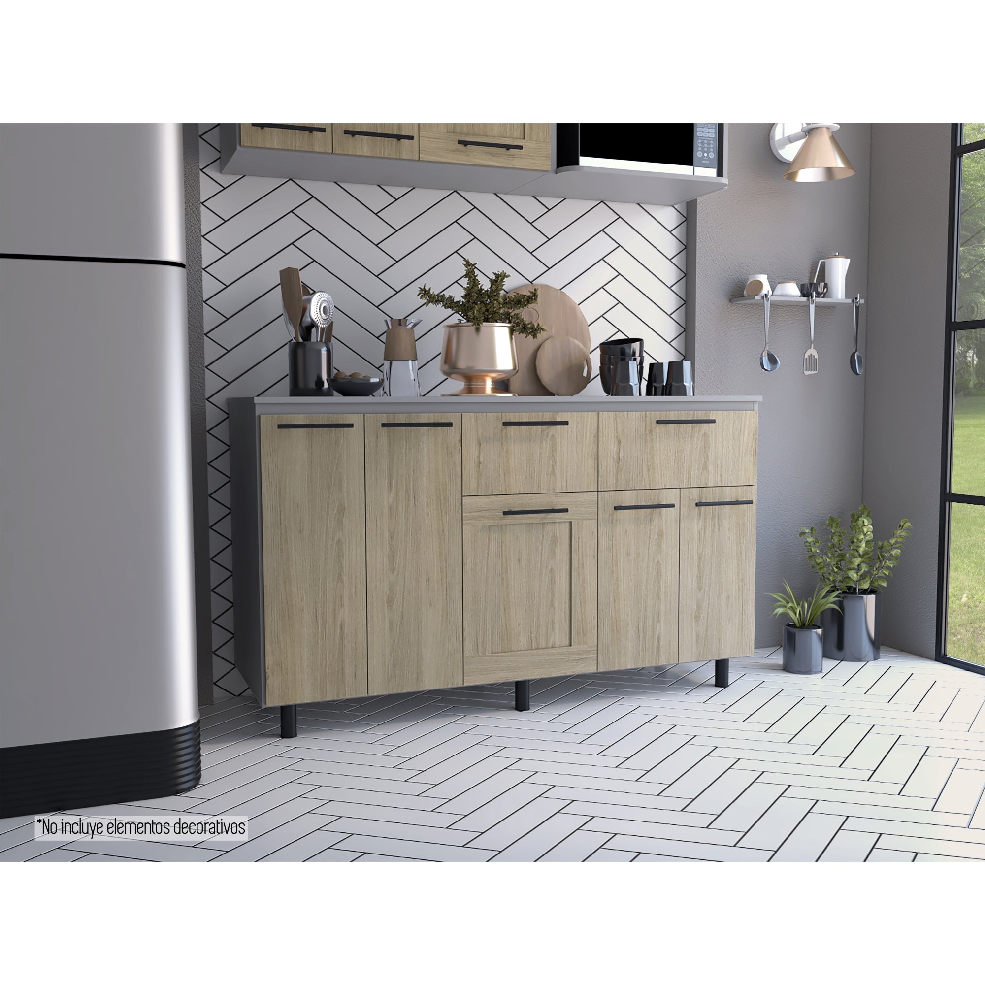 MUEBLE DE COCINA150 CM HASSELT CUBIERTA MELAMINA GRIS Y ROVERE - 12