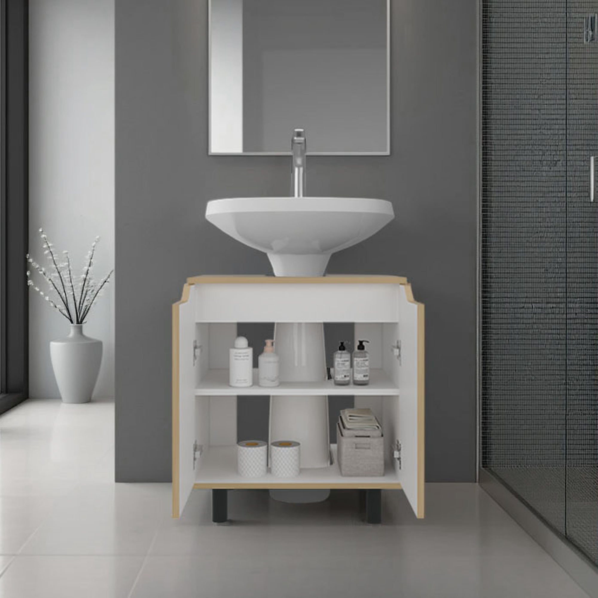 MUEBLE PARA LAVAMANOS MARLO 2 PUERTAS FRESNO Y BLANCO - 6