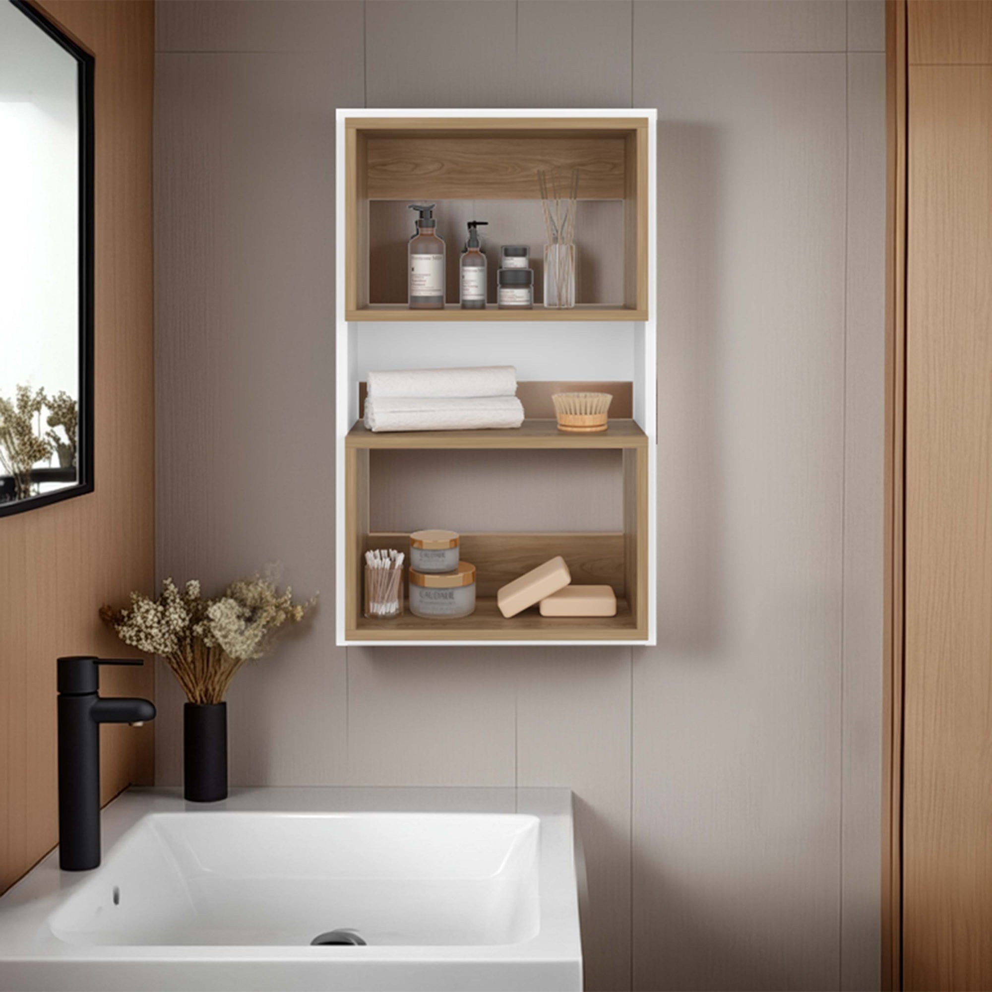 MUEBLE AUXILAR MURO BAÑO ECO BLANCO Y FRESNO - 5
