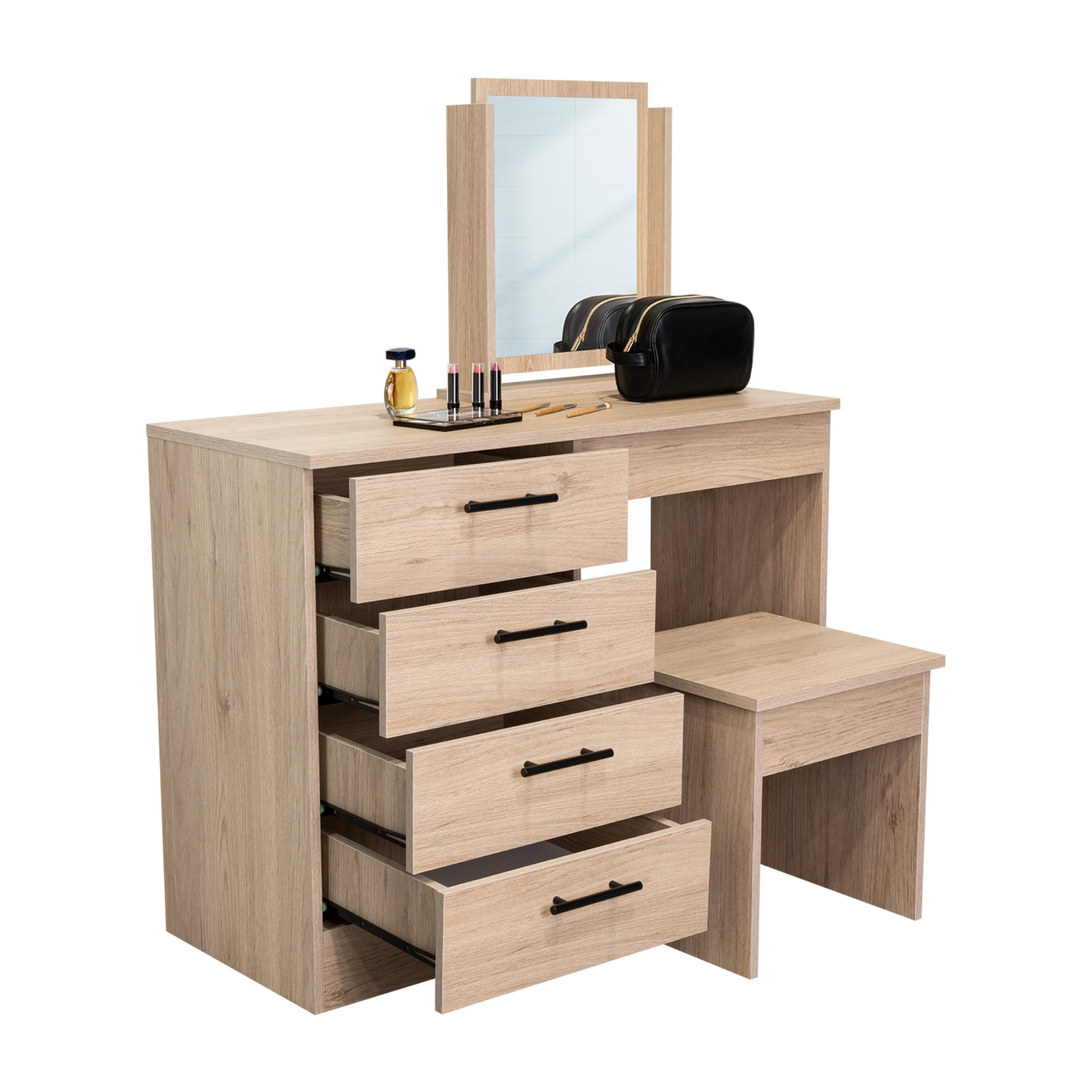 MUEBLE DE TOCADOR KAIA 4 CAJONES ROVERE Y BLANCO CON SILLA 126X100X42 CM - 1