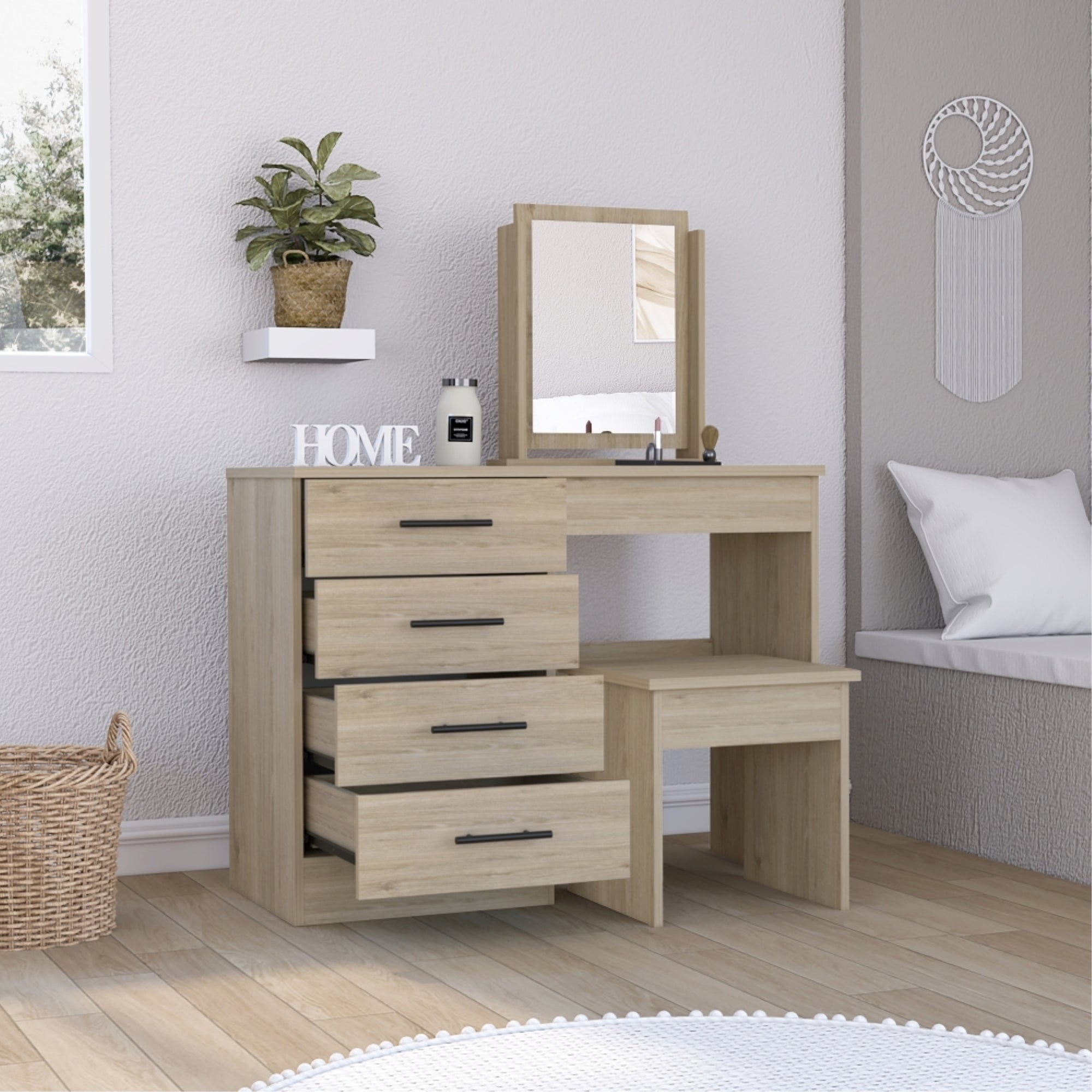 MUEBLE DE TOCADOR KAIA 4 CAJONES ROVERE Y BLANCO CON SILLA 126X100X42 CM - 2