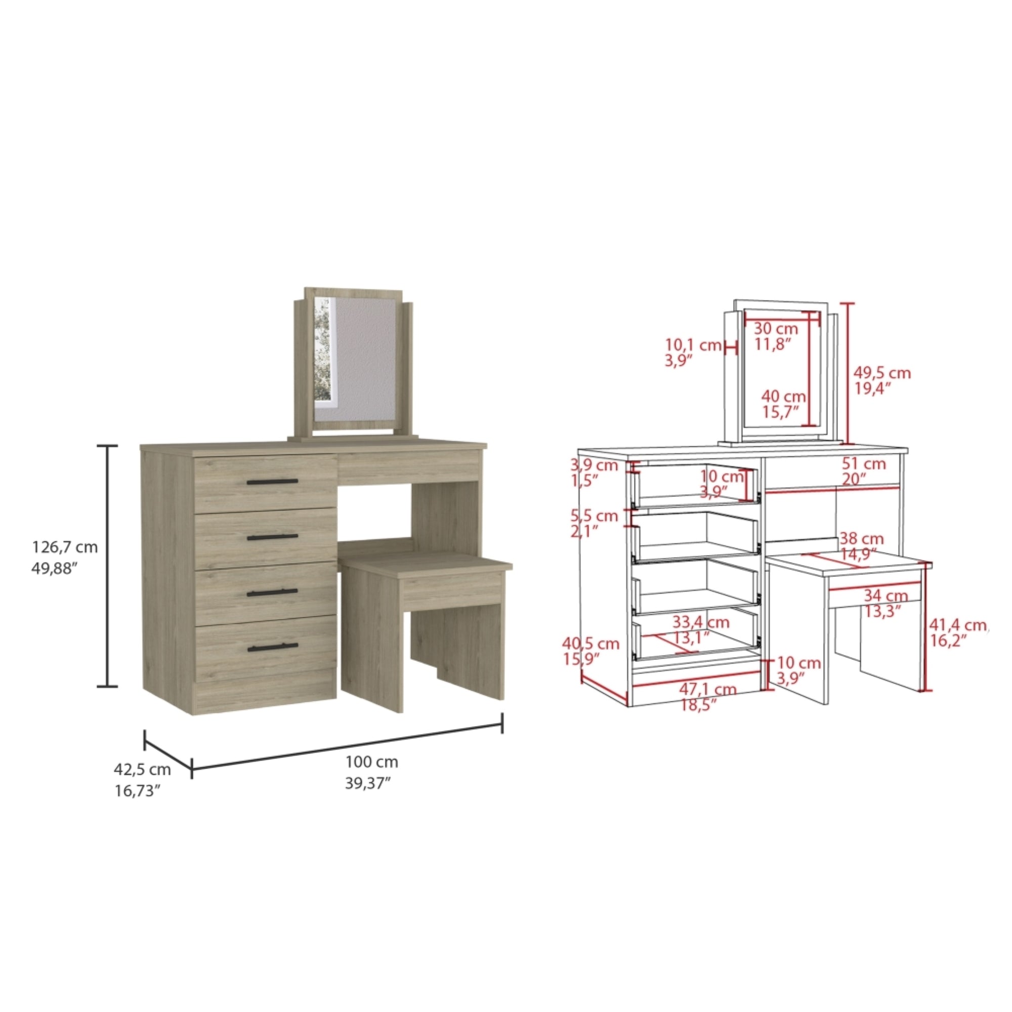 MUEBLE DE TOCADOR KAIA 4 CAJONES ROVERE Y BLANCO CON SILLA 126X100X42 CM - 3