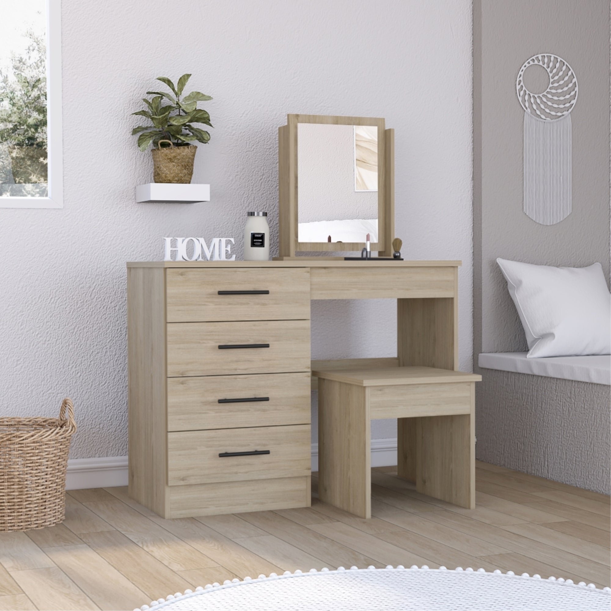 MUEBLE DE TOCADOR KAIA 4 CAJONES ROVERE Y BLANCO CON SILLA 126X100X42 CM - 11