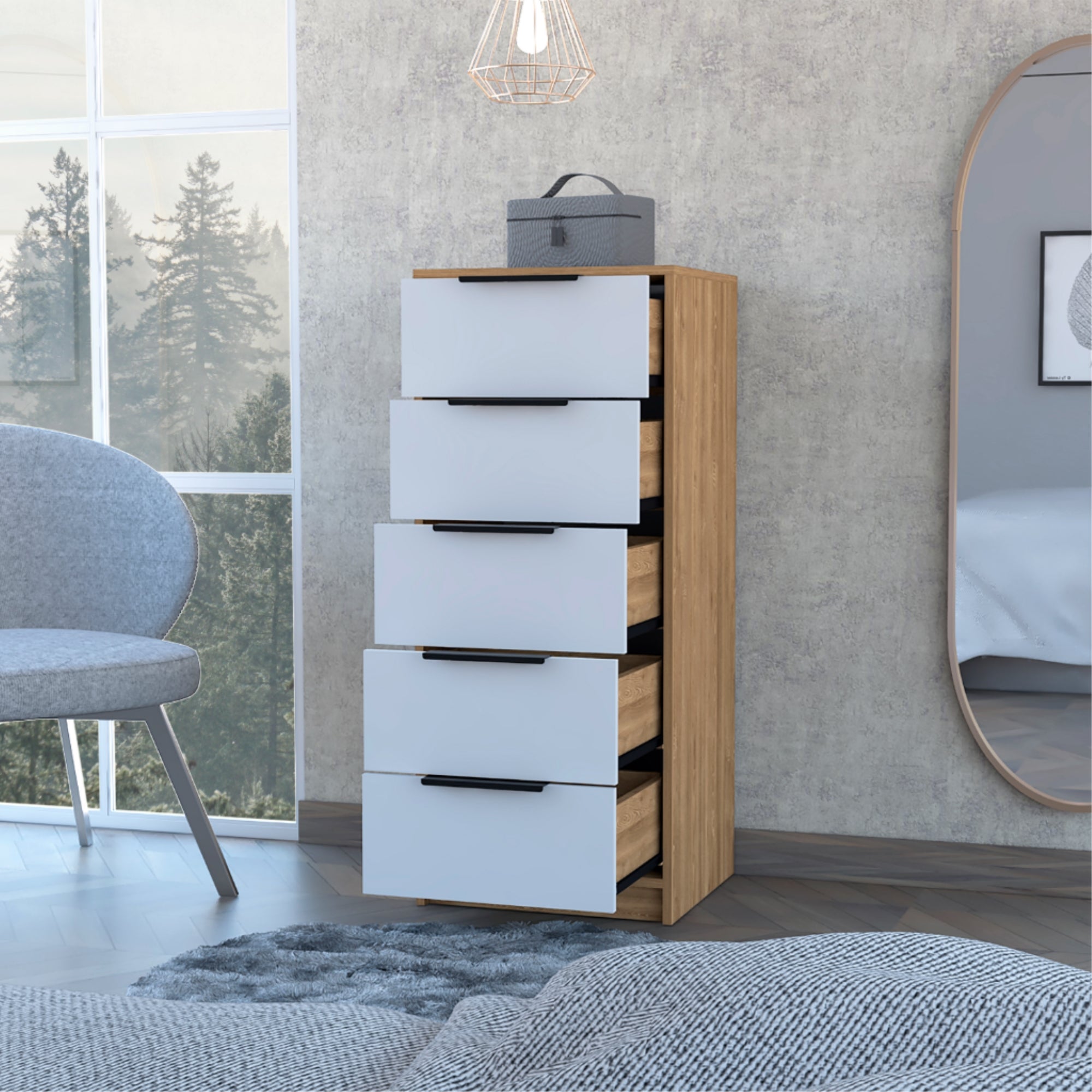 COMODA ALTA KAIA 5 CAJONES MIEL Y BLANCO 107X45X41 CM - 8