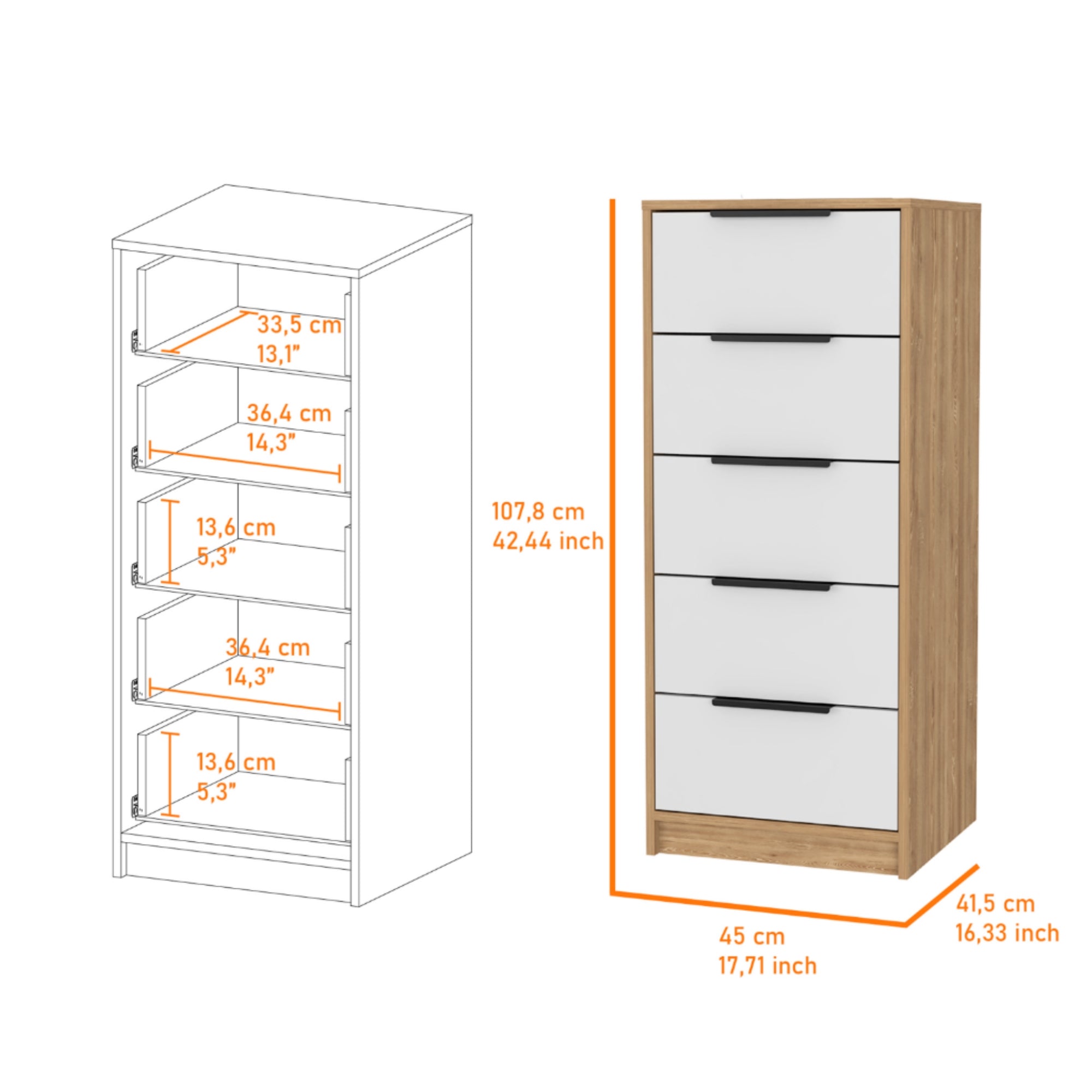 COMODA ALTA KAIA 5 CAJONES MIEL Y BLANCO 107X45X41 CM - 9