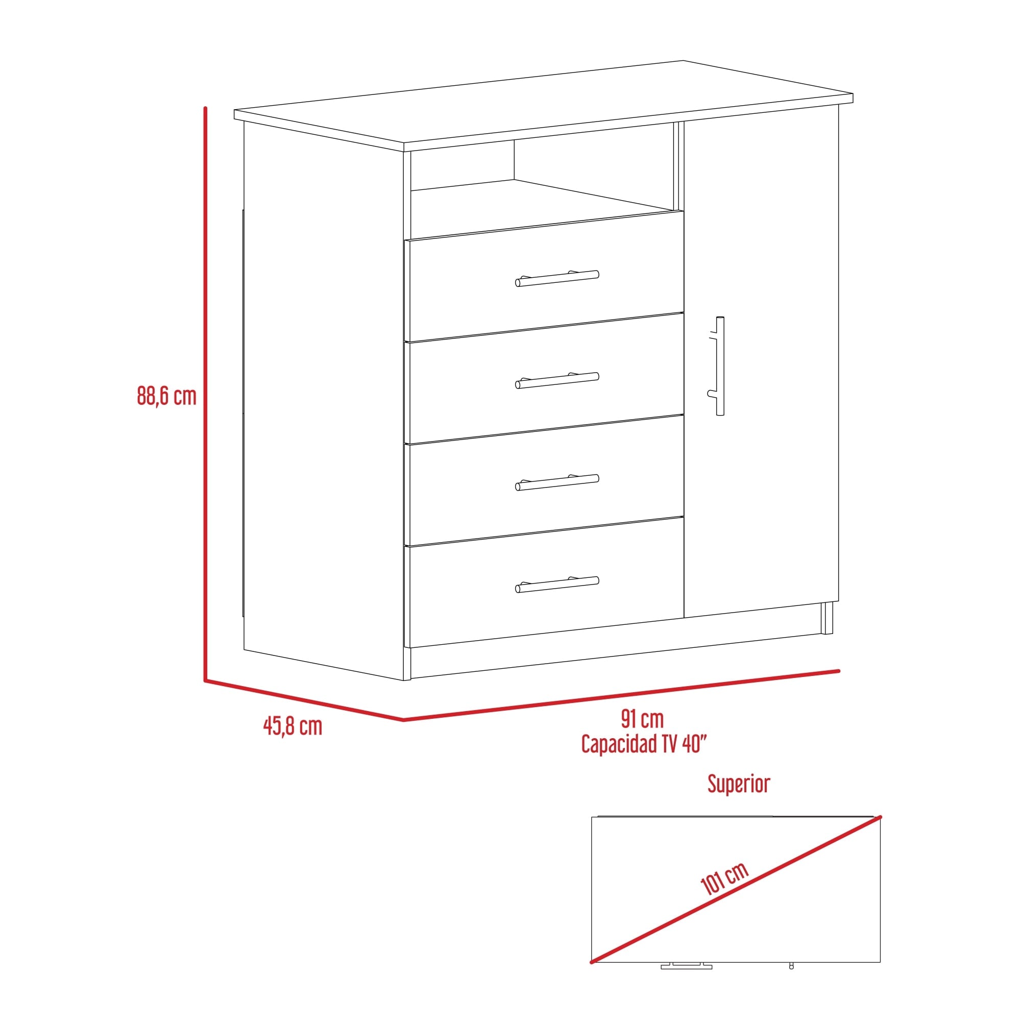 COMODA PERU 4 CAJONES 1 PUERTA BARDOLINO 88X91X45 CM - 7