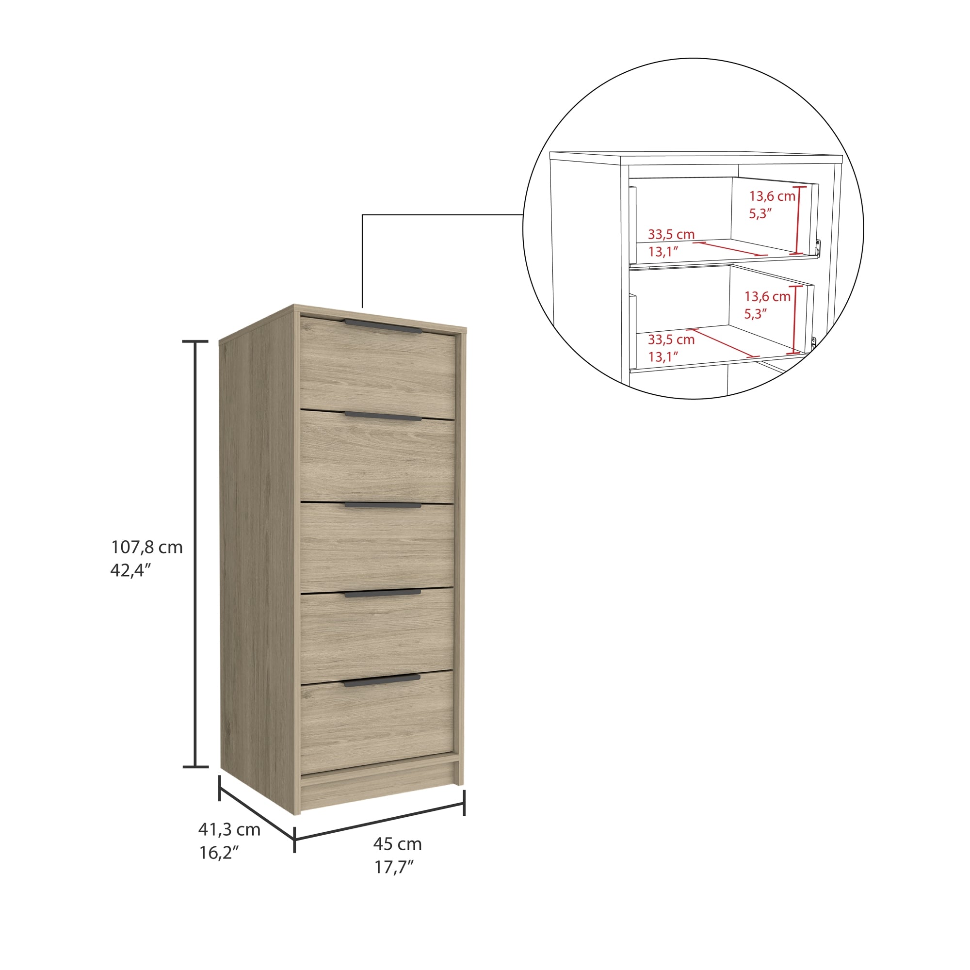 COMODA ALTA KAIA 5 CAJONES ROVERE Y BLANCO 107X45X41 CM - 9