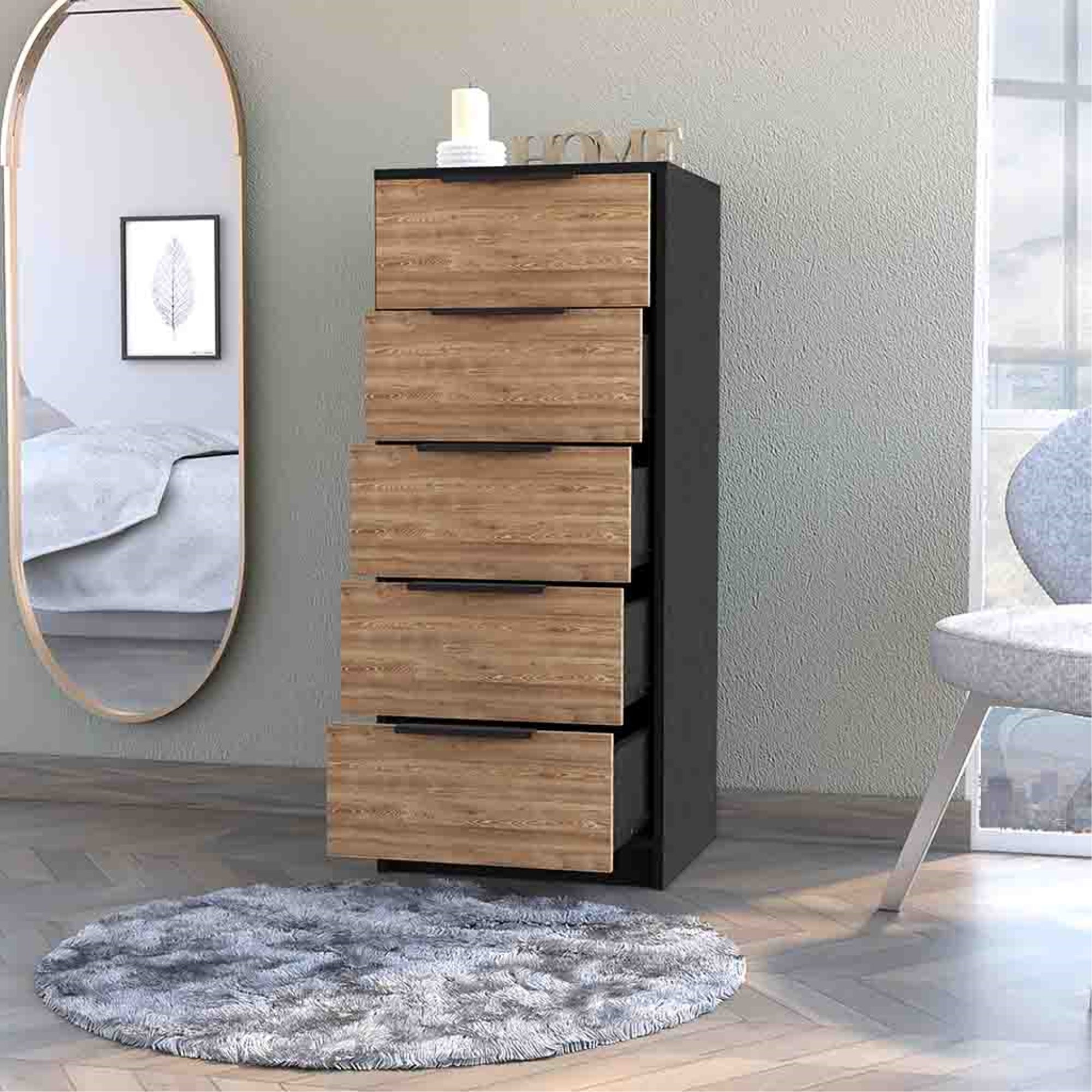 COMODA ALTA KAIA 5 CAJONES WENGUE Y MIEL 107X45X41 CM - 6