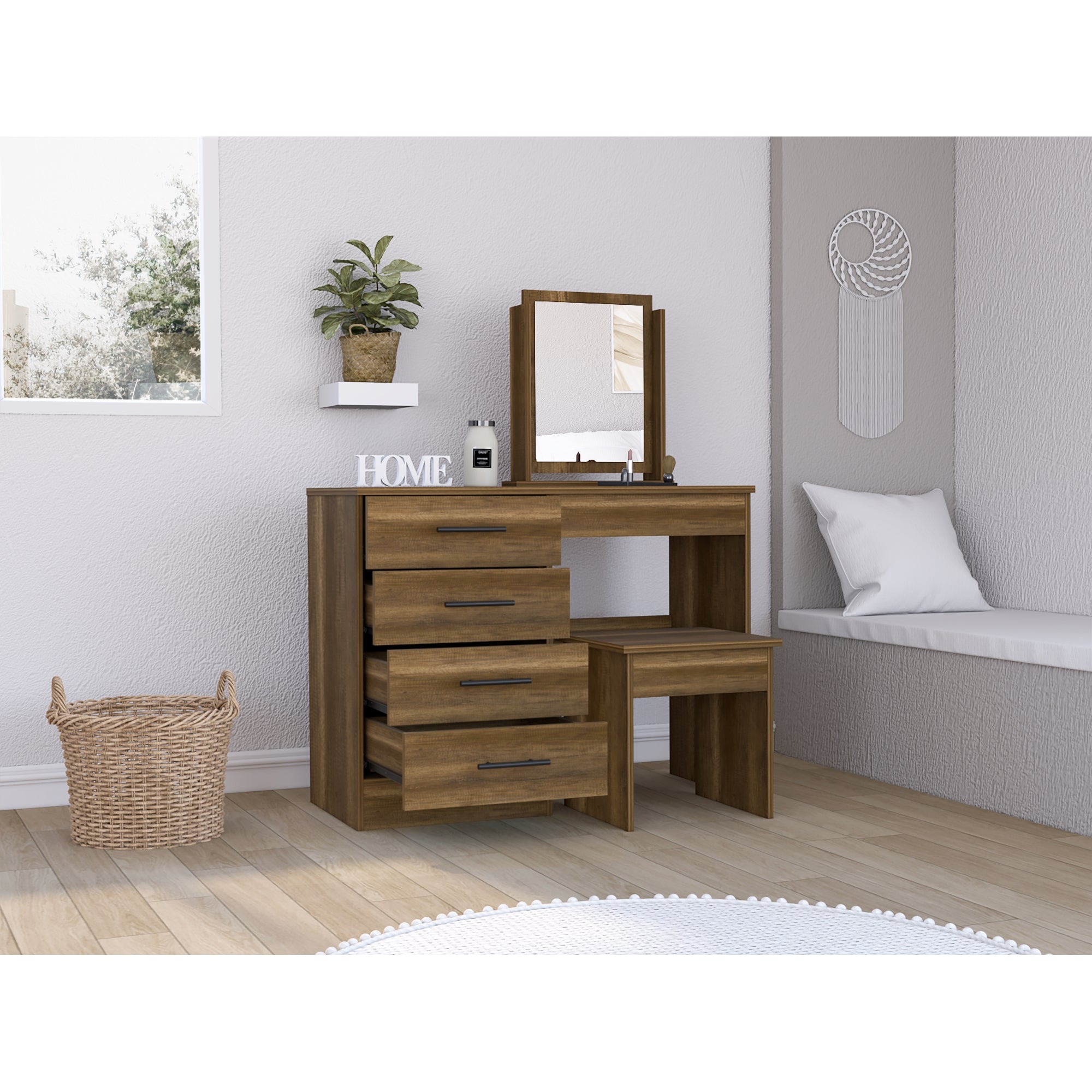 MUEBLE DE TOCADOR KAIA 4 CAJONES CARAMELO Y WENGUE CON SILLA 126X100X42 CM - 2