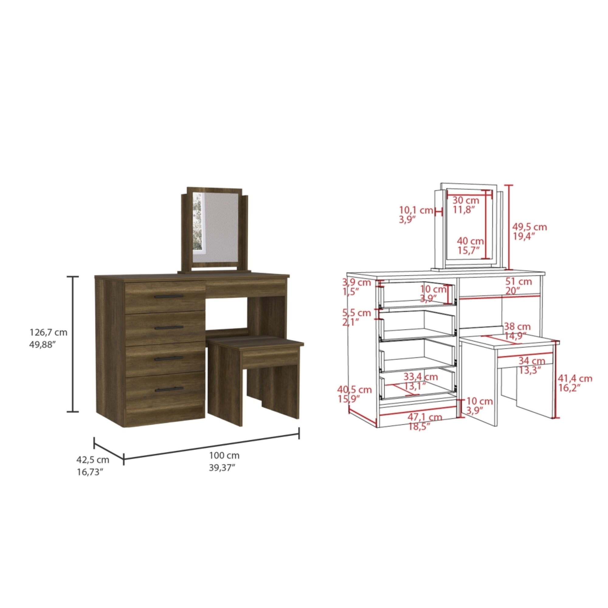 MUEBLE DE TOCADOR KAIA 4 CAJONES CARAMELO Y WENGUE CON SILLA 126X100X42 CM - 3