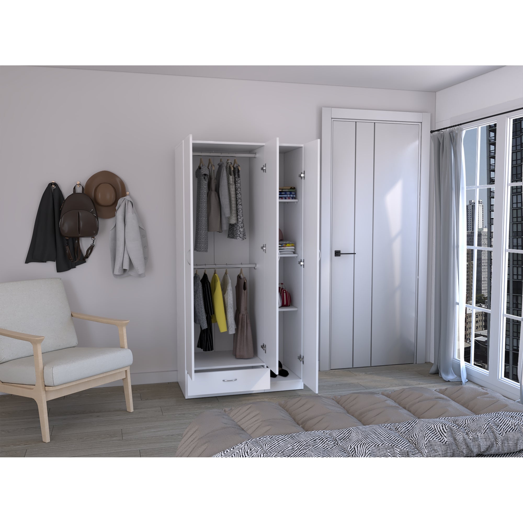CLOSET 3 PUERTAS 1 CAJON CON COLGADORES 184,6X90X47,3 CM BLANCO - 6