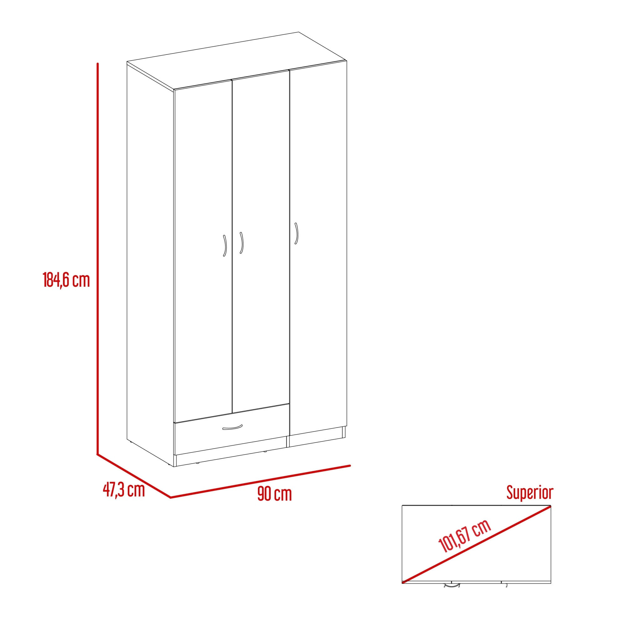 CLOSET 3 PUERTAS 1 CAJON CON COLGADORES 184,6X90X47,3 CM BLANCO - 7