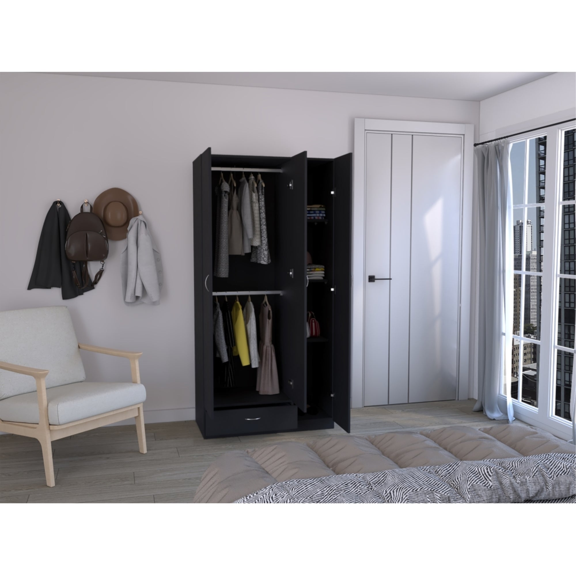 CLOSET 3 PUERTAS 1 CAJON CON COLGADORES 184,6X90X47,3 CM WENGUE - 6