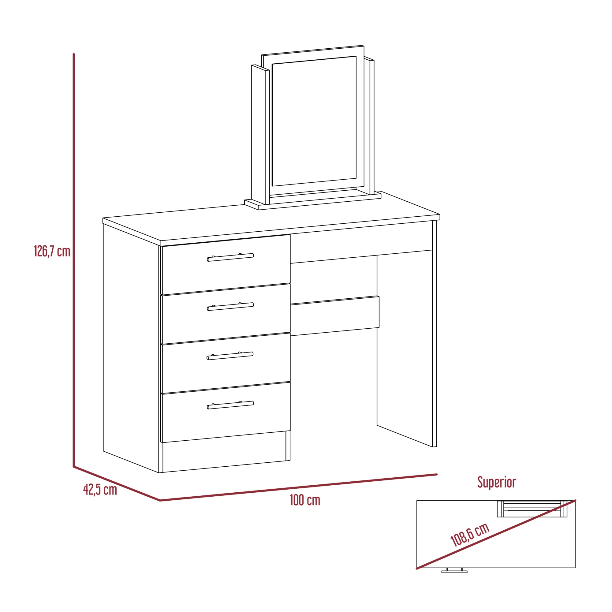 MUEBLE DE TOCADOR KAIA 4 CAJONES WENGUE Y MIEL CON SILLA 126X100X42 CM - 2