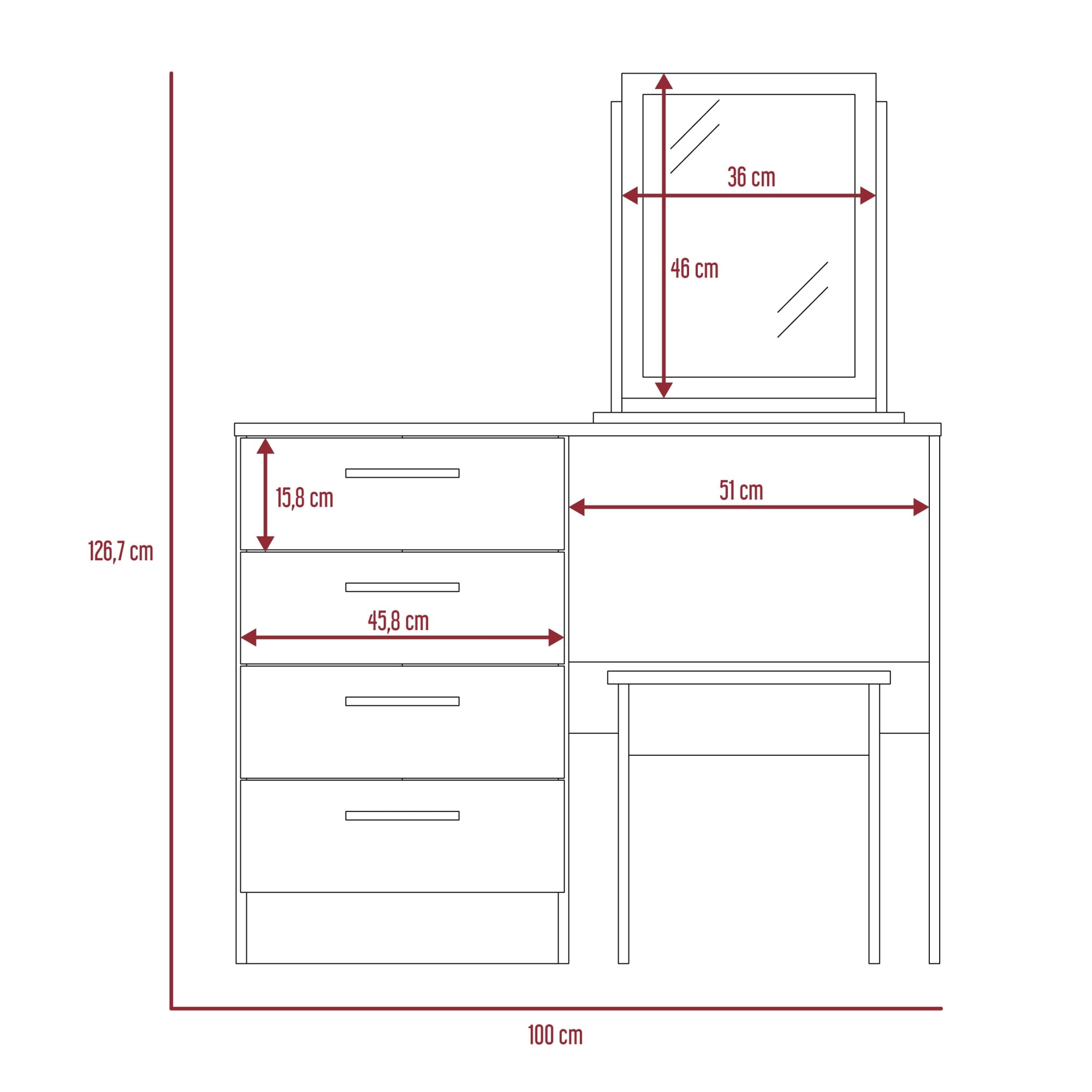 MUEBLE DE TOCADOR KAIA 4 CAJONES WENGUE Y MIEL CON SILLA 126X100X42 CM - 3