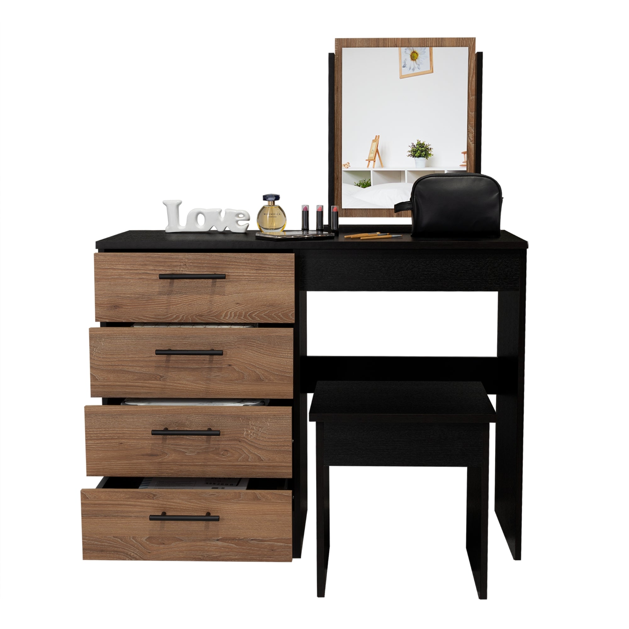 MUEBLE DE TOCADOR KAIA 4 CAJONES WENGUE Y MIEL CON SILLA 126X100X42 CM - 4