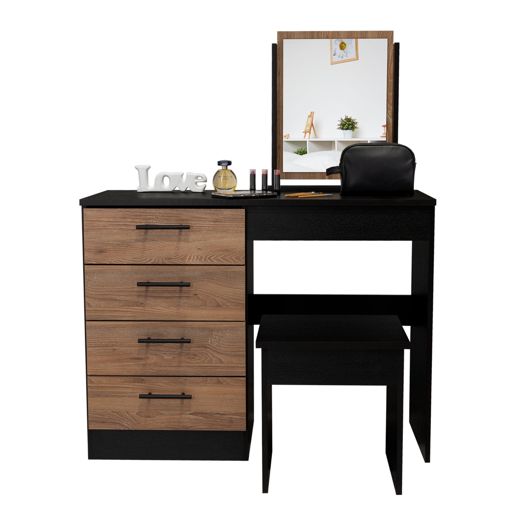 MUEBLE DE TOCADOR KAIA 4 CAJONES WENGUE Y MIEL CON SILLA 126X100X42 CM - 6