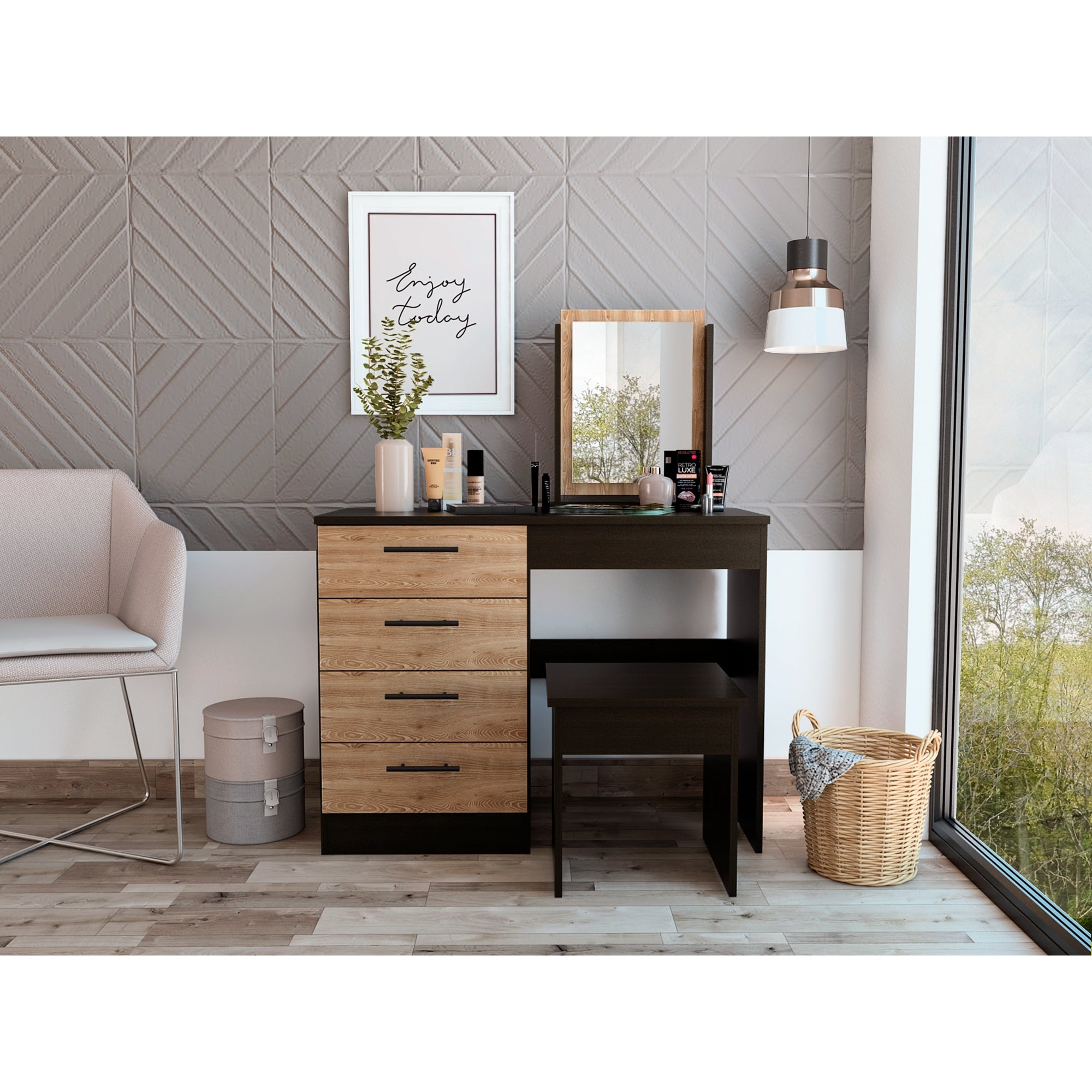 MUEBLE DE TOCADOR KAIA 4 CAJONES WENGUE Y MIEL CON SILLA 126X100X42 CM - 10