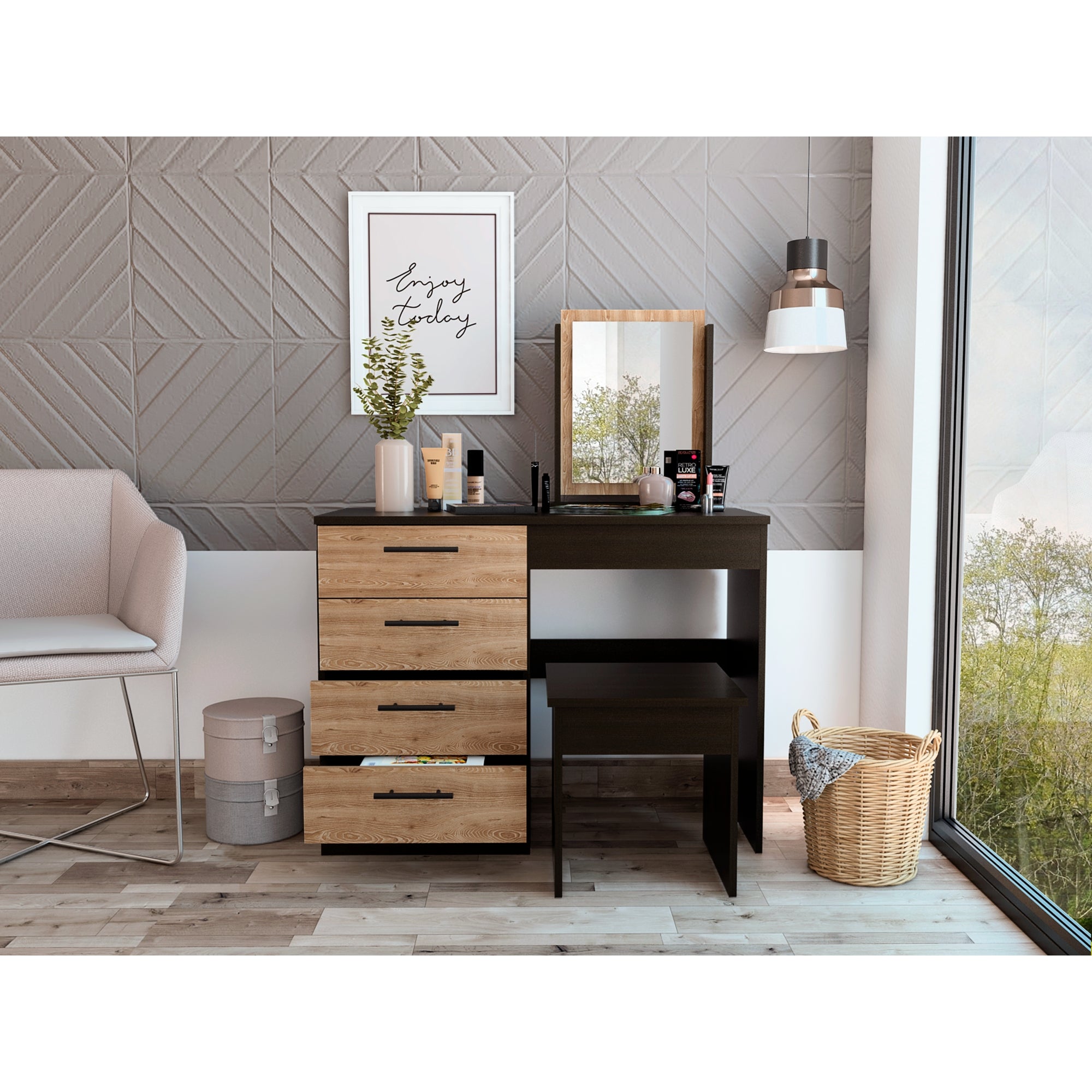 MUEBLE DE TOCADOR KAIA 4 CAJONES WENGUE Y MIEL CON SILLA 126X100X42 CM - 11