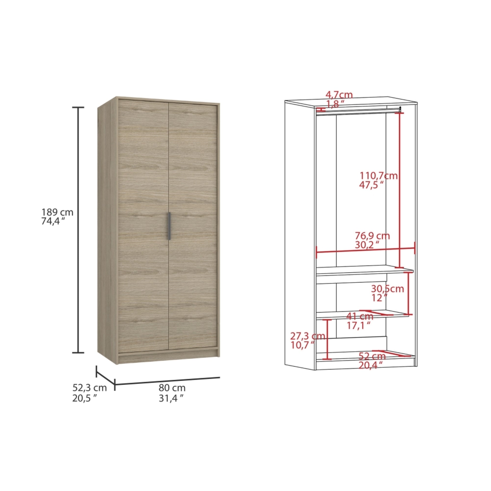 CLOSET KAIA 2 PUERTAS ROVERE Y BLANCO 189X80X52,3 CM - 5