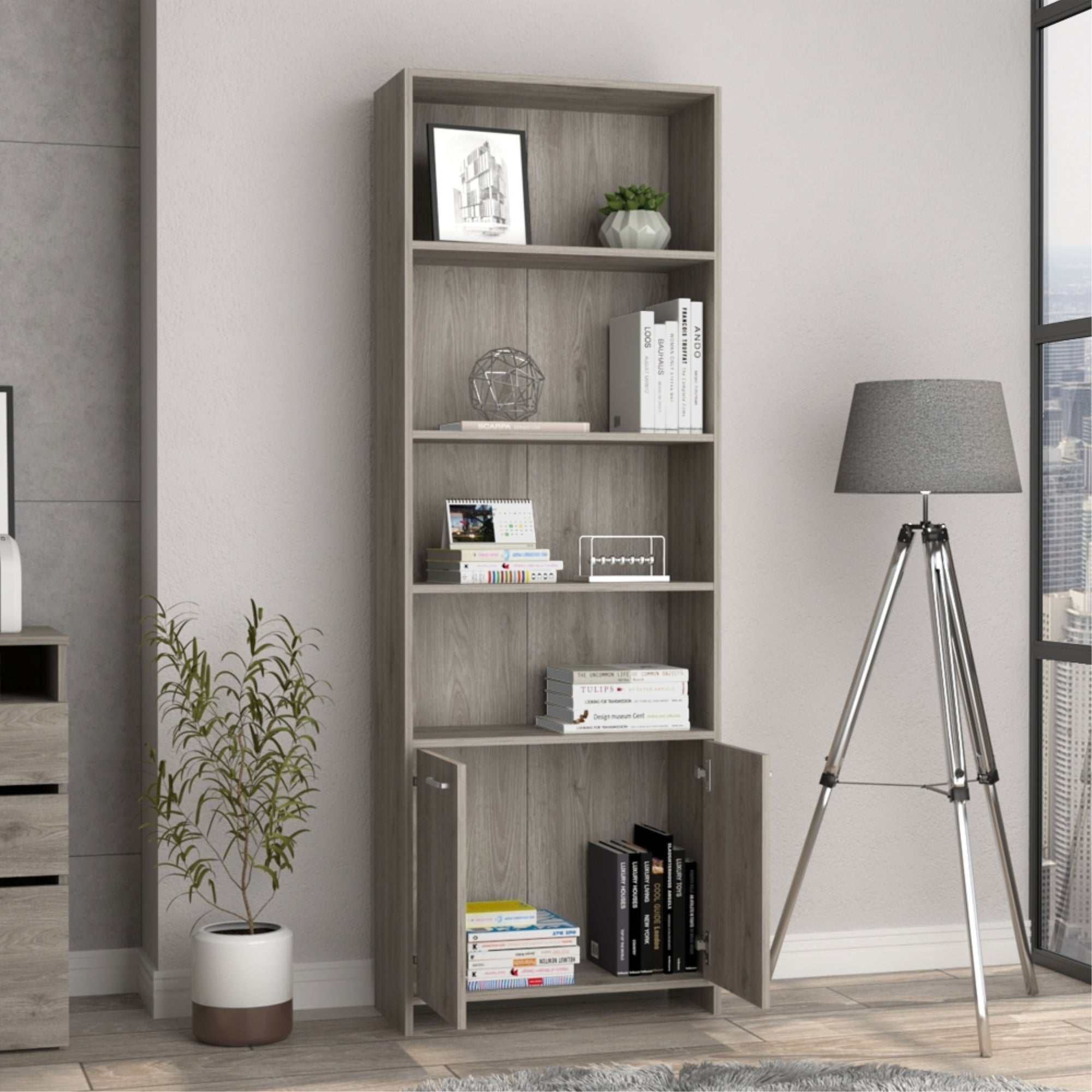 BIBLIOTECA LISA 180X63X26 CM 2 CON PUERTAS CENIZA - 6