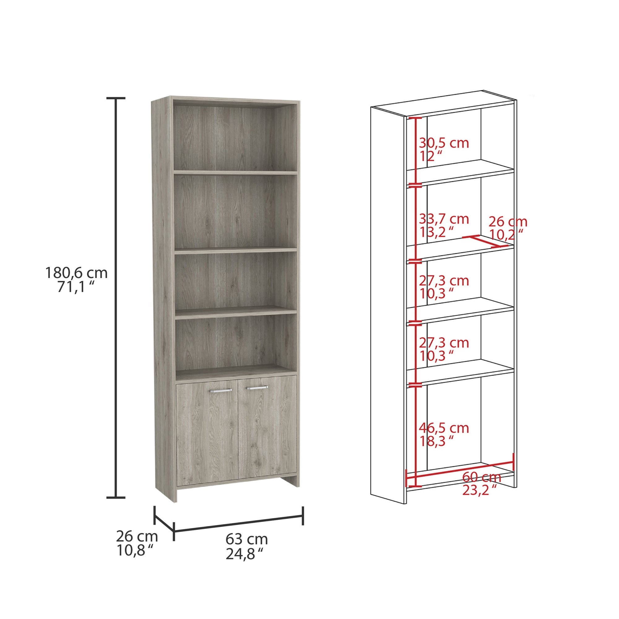 BIBLIOTECA LISA 180X63X26 CM 2 CON PUERTAS CENIZA - 7
