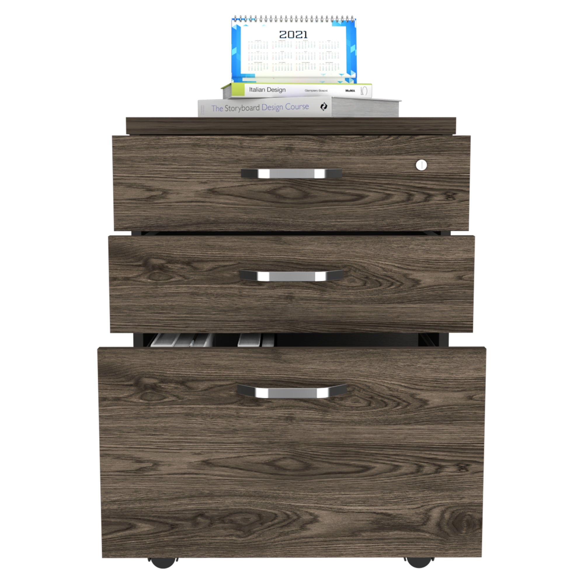 CAJONERA HOME OFFICE 3 CAJONES CON RUEDAS NEGRO Y COÑAC - 3