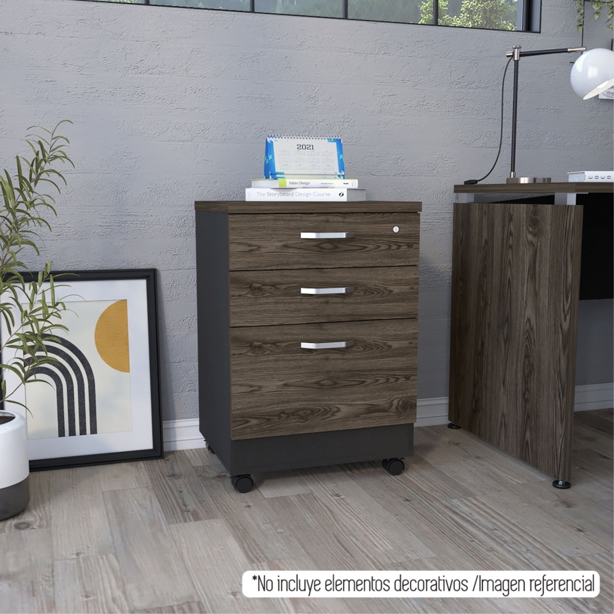 CAJONERA HOME OFFICE 3 CAJONES CON RUEDAS NEGRO Y COÑAC - 8