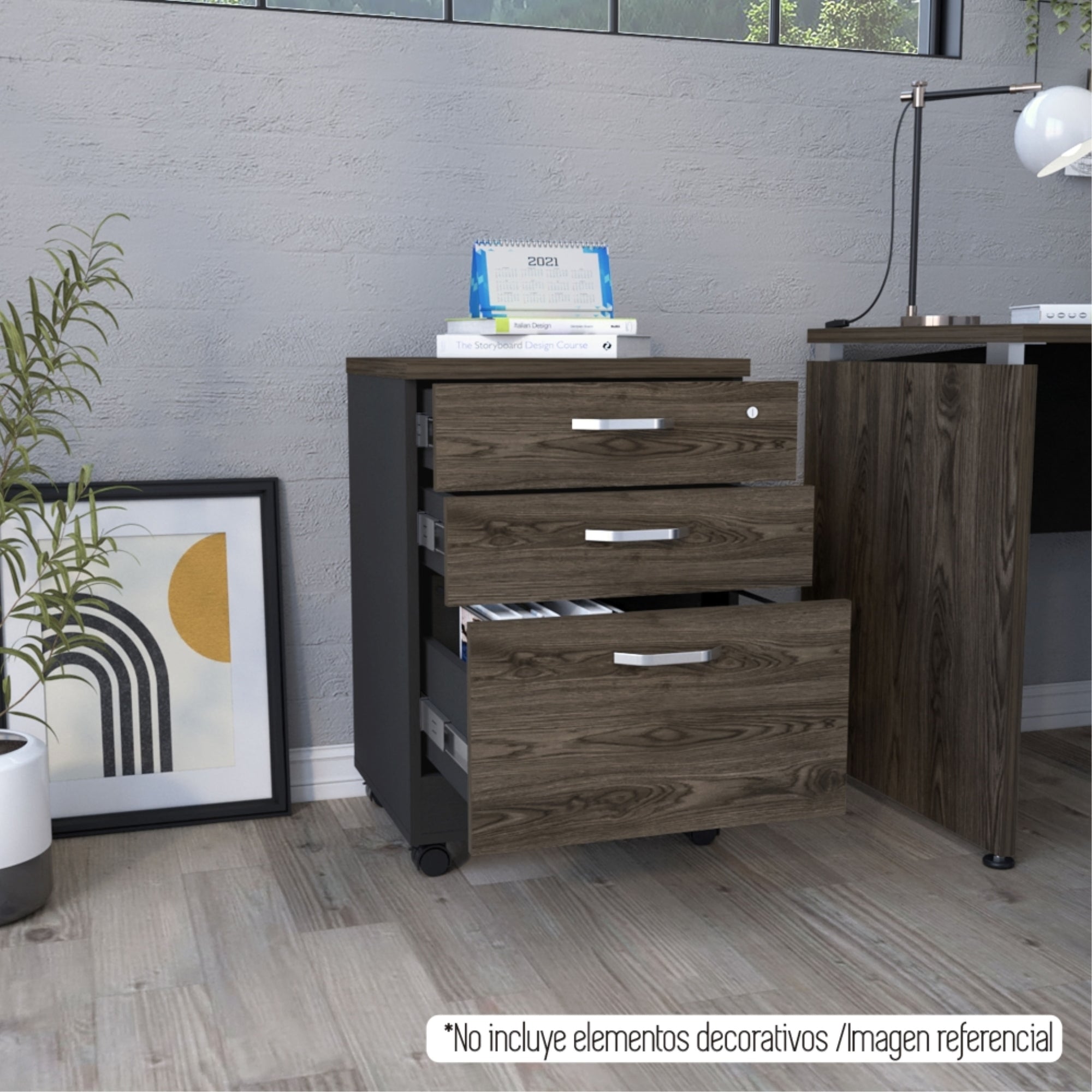 CAJONERA HOME OFFICE 3 CAJONES CON RUEDAS NEGRO Y COÑAC - 9