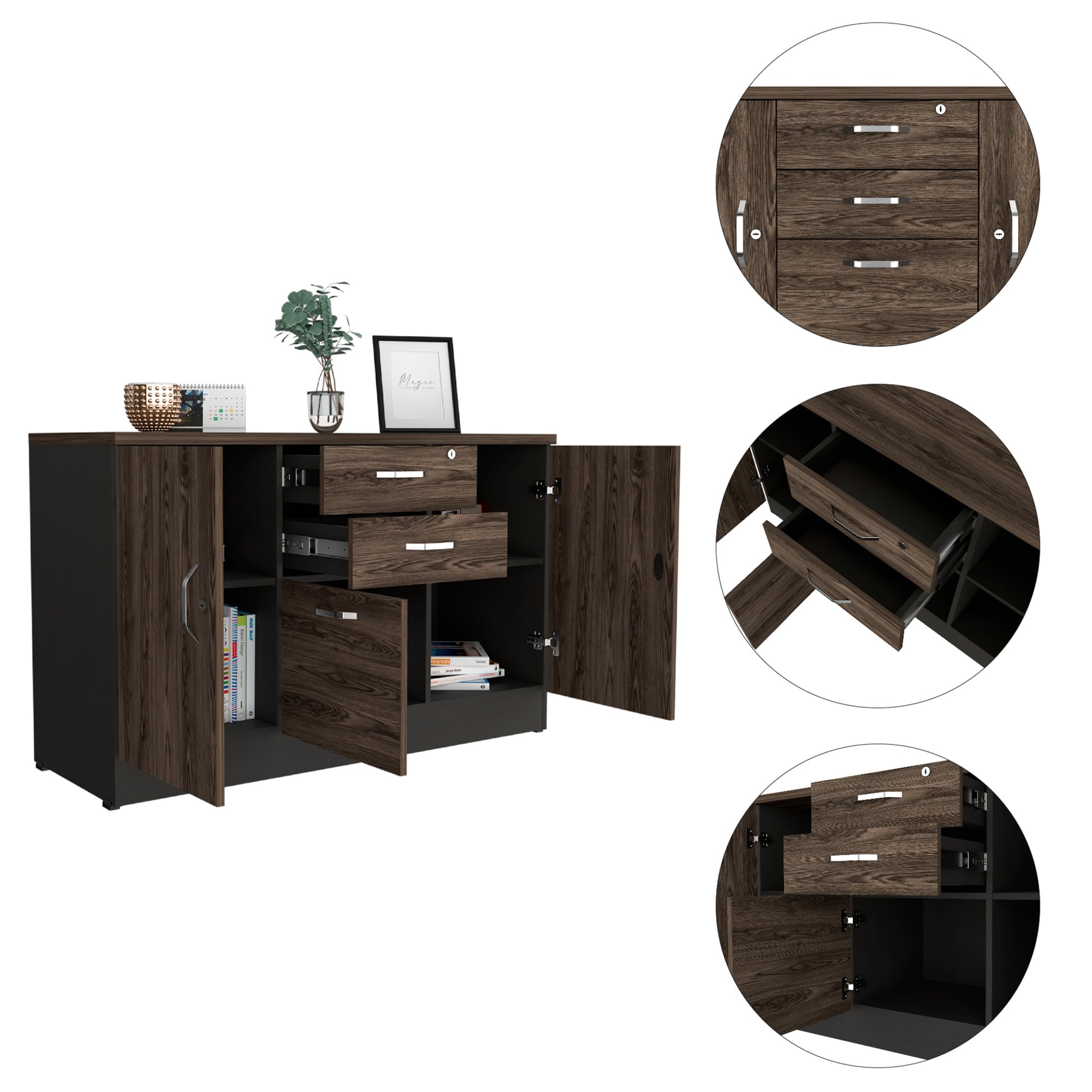 BUFFET 3 PUERTAS 2 CAJONES HOME OFFICE NEGRO Y COÑAC - 6
