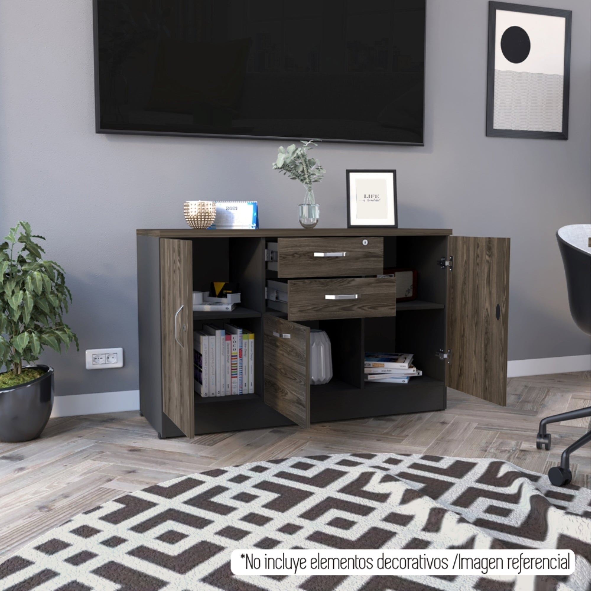 BUFFET 3 PUERTAS 2 CAJONES HOME OFFICE NEGRO Y COÑAC - 9