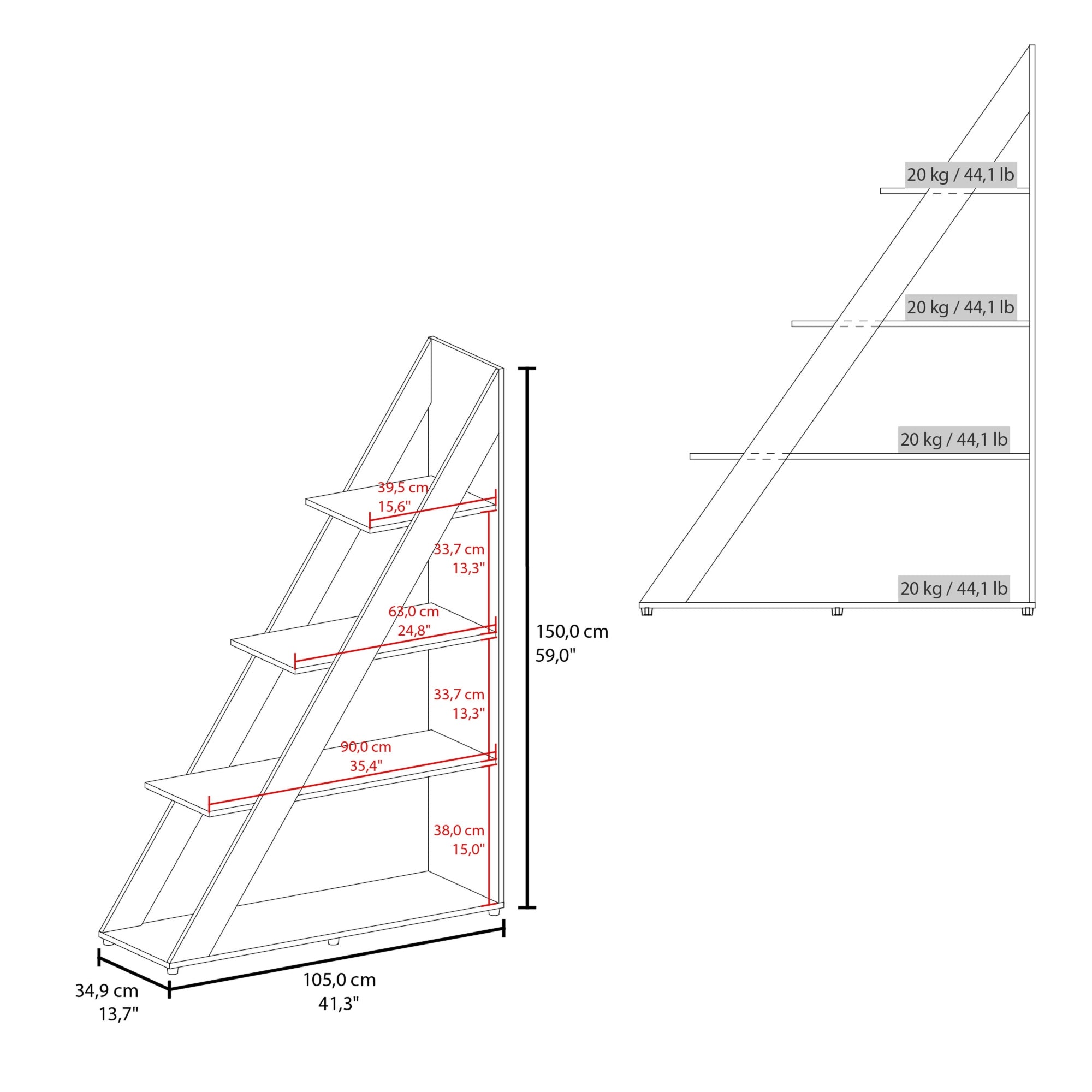 BIBLIOTECA DIAGONAL LORAIN 3 REPISAS WENGUE 150X105X34,9 CM - 6