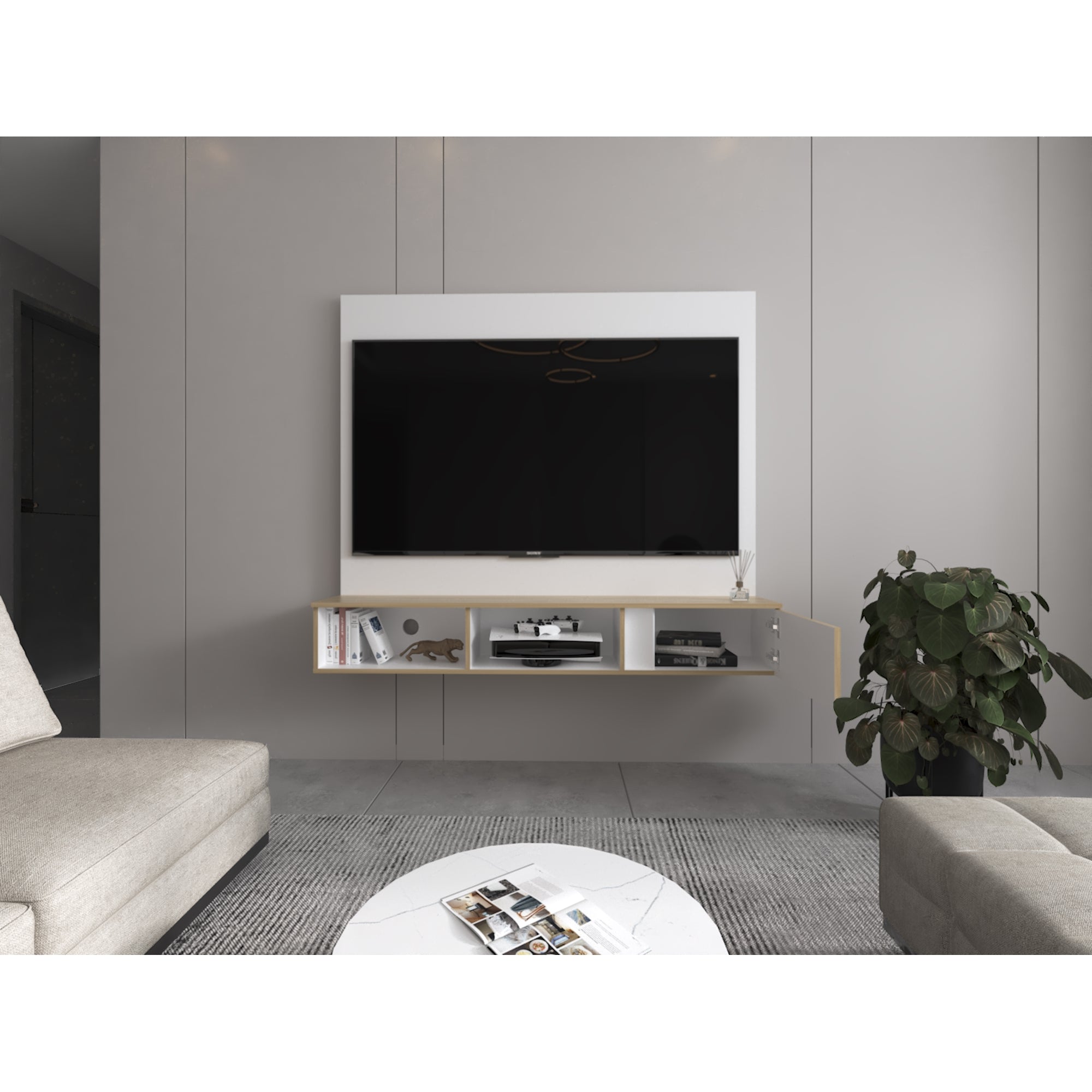 PANEL TV 65' DASSEL 150X132,5X29,6 CM BLANCO Y FRESNO - 6