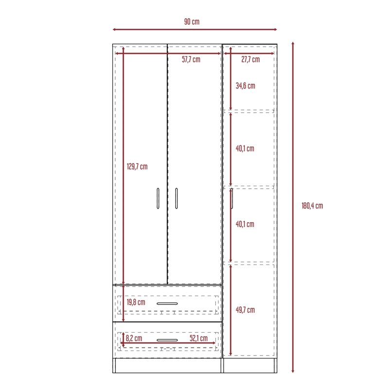 CLOSET 3 PUERTAS 2 CAJONES AUSTRAL 180X90X47 CM BELLOTA Y BLANCO - 8