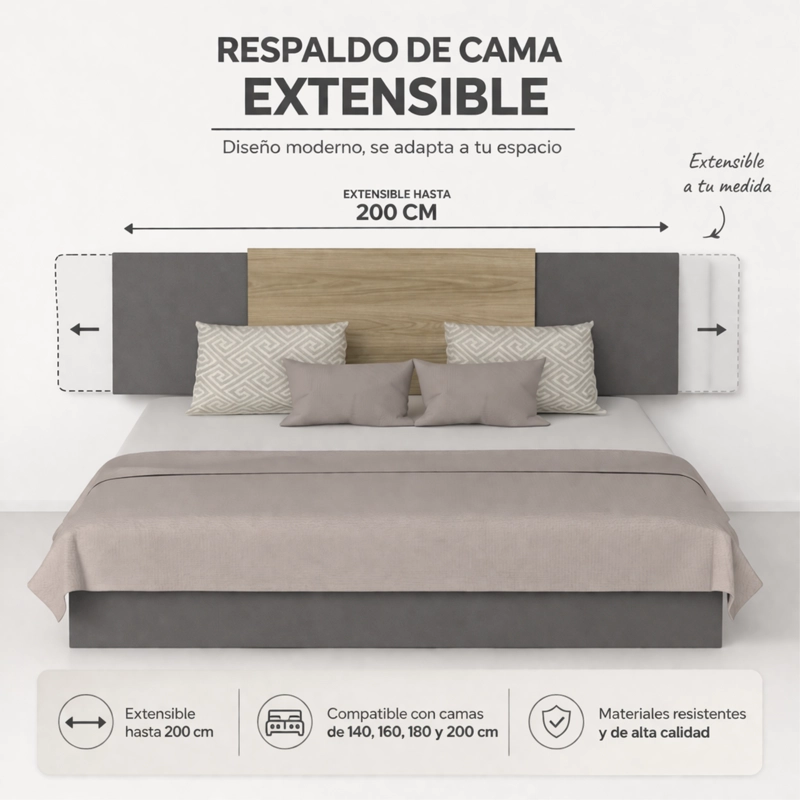 RESPALDO DE CAMA 2 PLAZAS NEUSS GRADUABLE 140/200 CM MIEL Y PLOMO - 9