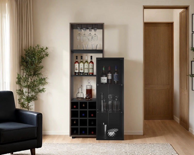 BAR 12 BOTELLEROS Y PORTACOPAS 1 PUERTA DE VIDRIO OZZY 175X80,9X41,3 CM WENGUE Y MILAN - 6