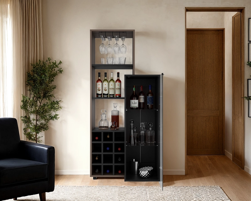 BAR 12 BOTELLEROS Y PORTACOPAS 1 PUERTA DE VIDRIO OZZY 175X80,9X41,3 CM WENGUE Y MILAN - 7
