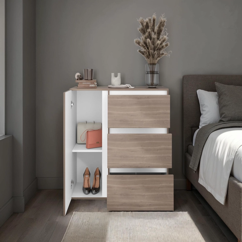 COMODA 1 PUERTA 3 CAJONES NIZA 91X100X41,8 CM AVELLANA Y BLANCO - 7