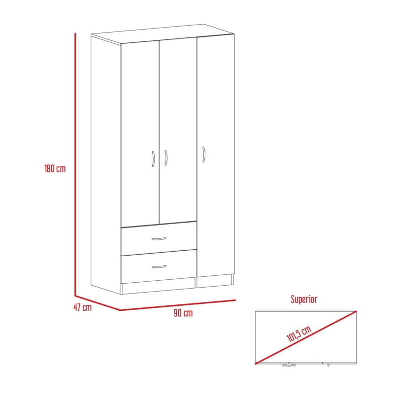 CLOSET 3 PUERTAS 2 CAJONES AUSTRAL 180X90X47 CM MILAN Y BLANCO - 7