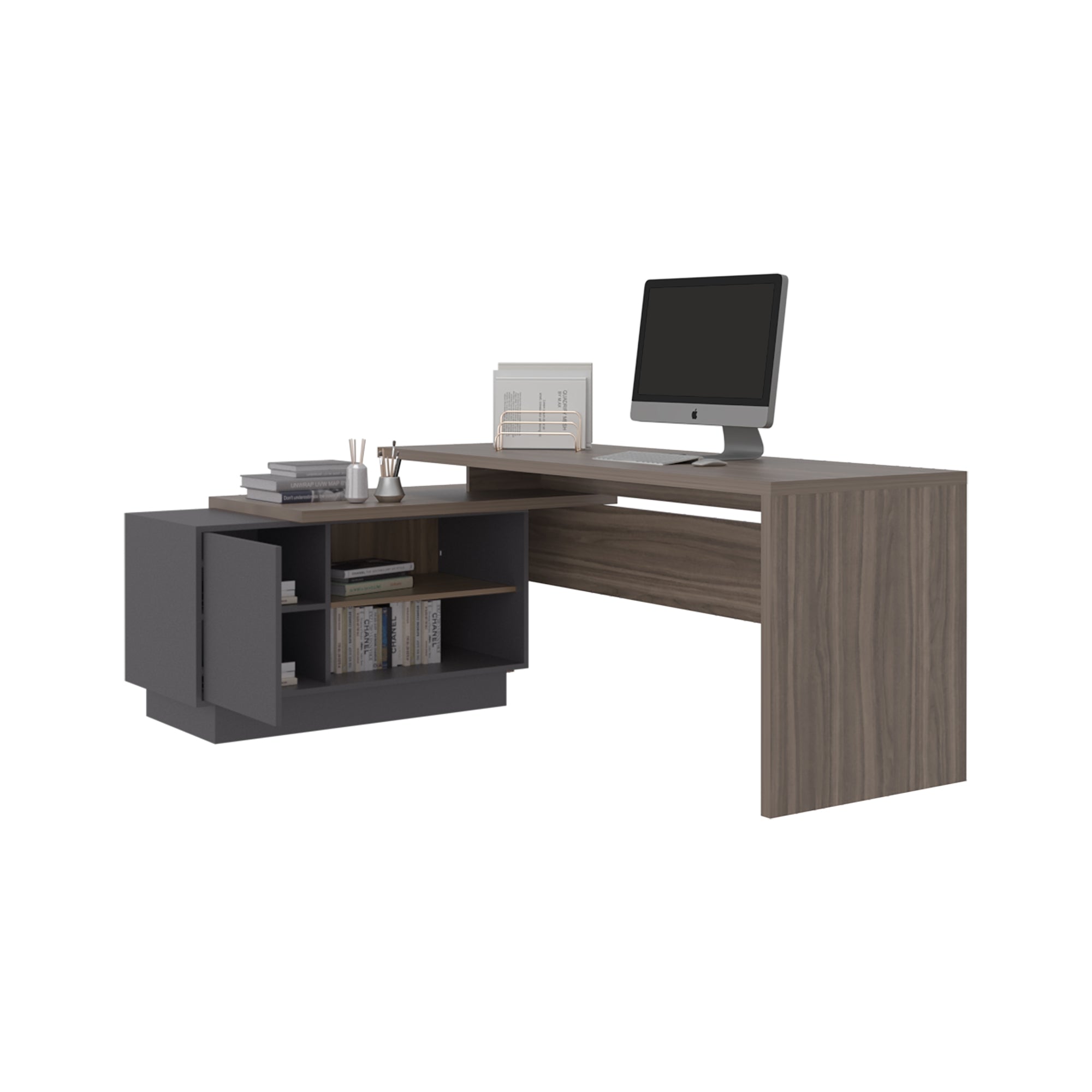 ESCRITORIO EN L 1 PUERTA OFFICE 71,2X179X125,7 CM AVELLANA Y PLOMO - 4