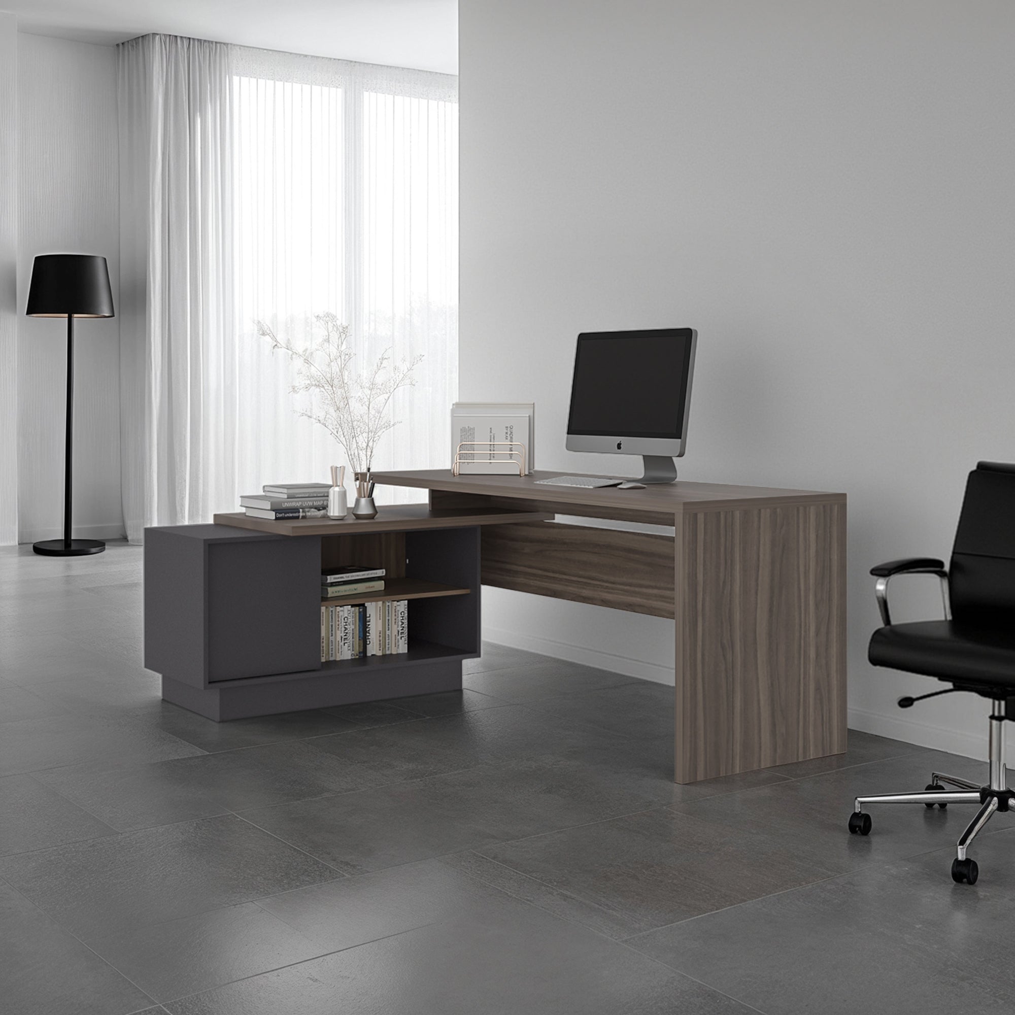 ESCRITORIO EN L 1 PUERTA OFFICE 71,2X179X125,7 CM AVELLANA Y PLOMO - 5